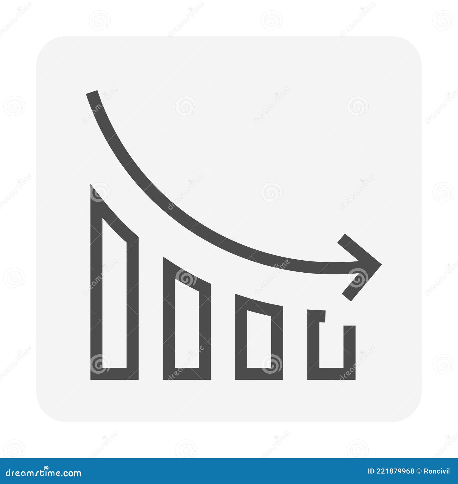 bar chart or bar graph decreasing  icon with drop down arrow. 48x48 pixel perfect and editable stroke
