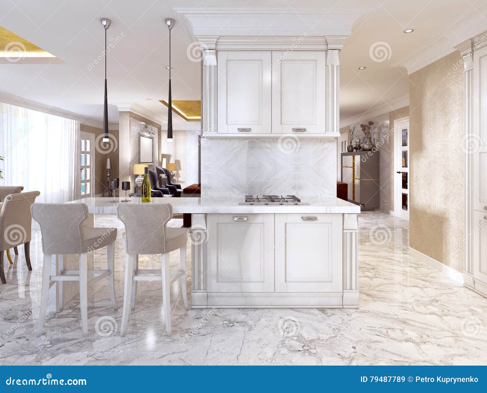 Bar Counter With Bar Chairs In Luxurious Kitchen Stock