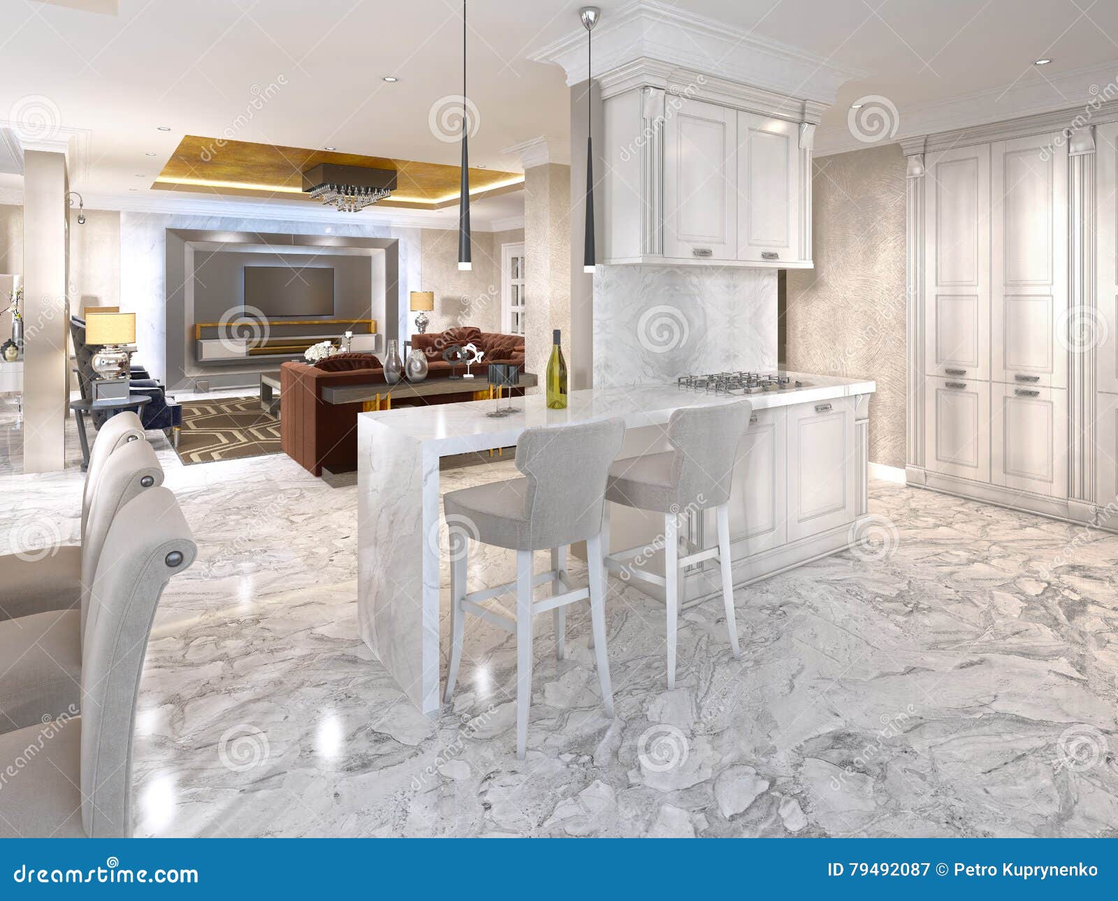 Bar Counter With Bar Chairs In Luxurious Kitchen Stock Illustration Bar Counter With Bar Chairs In Luxurious Kitchen Stock Illustration
