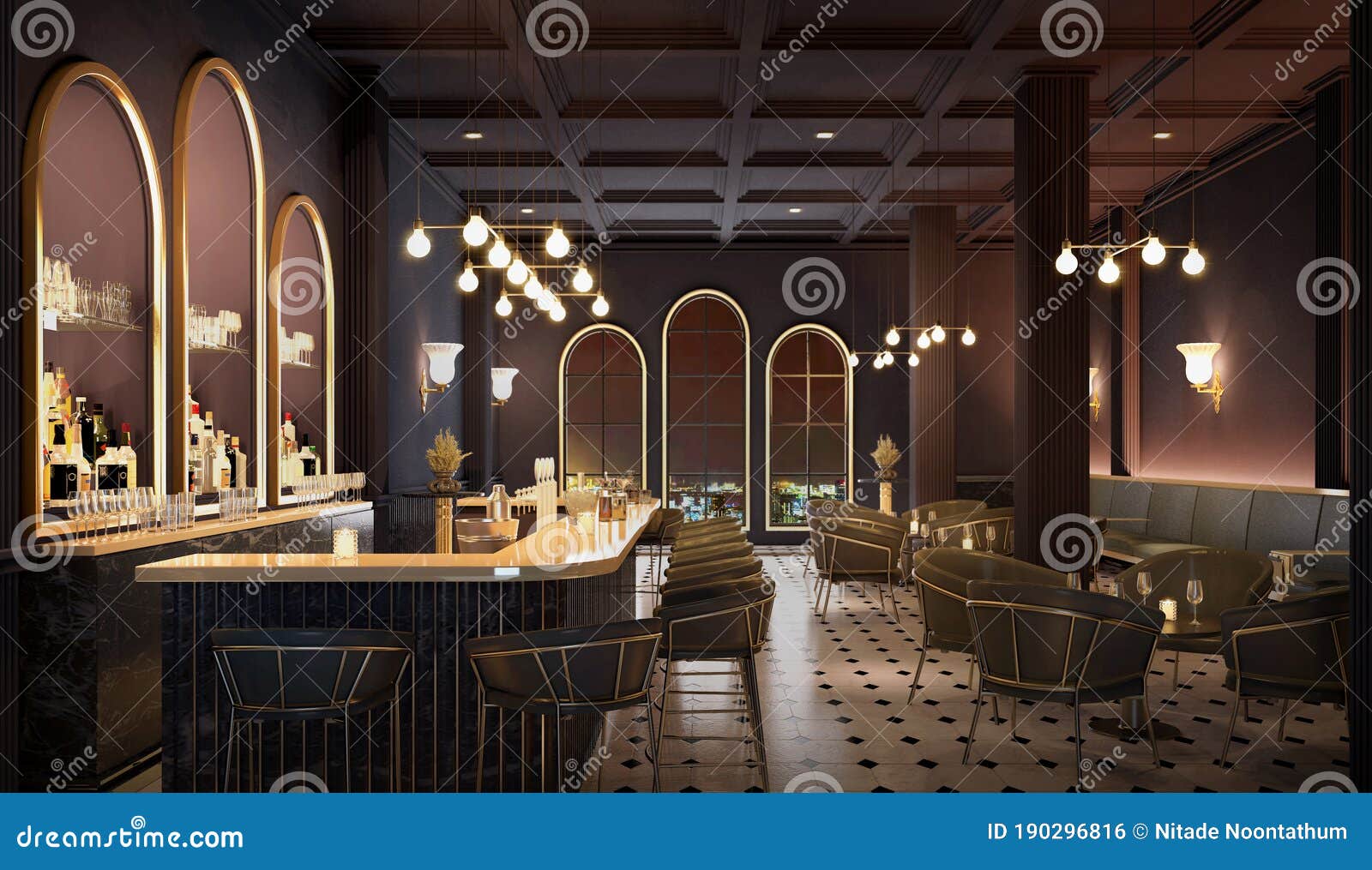 Bar Counter with Chairs.Modern Classic Style Interior Stock