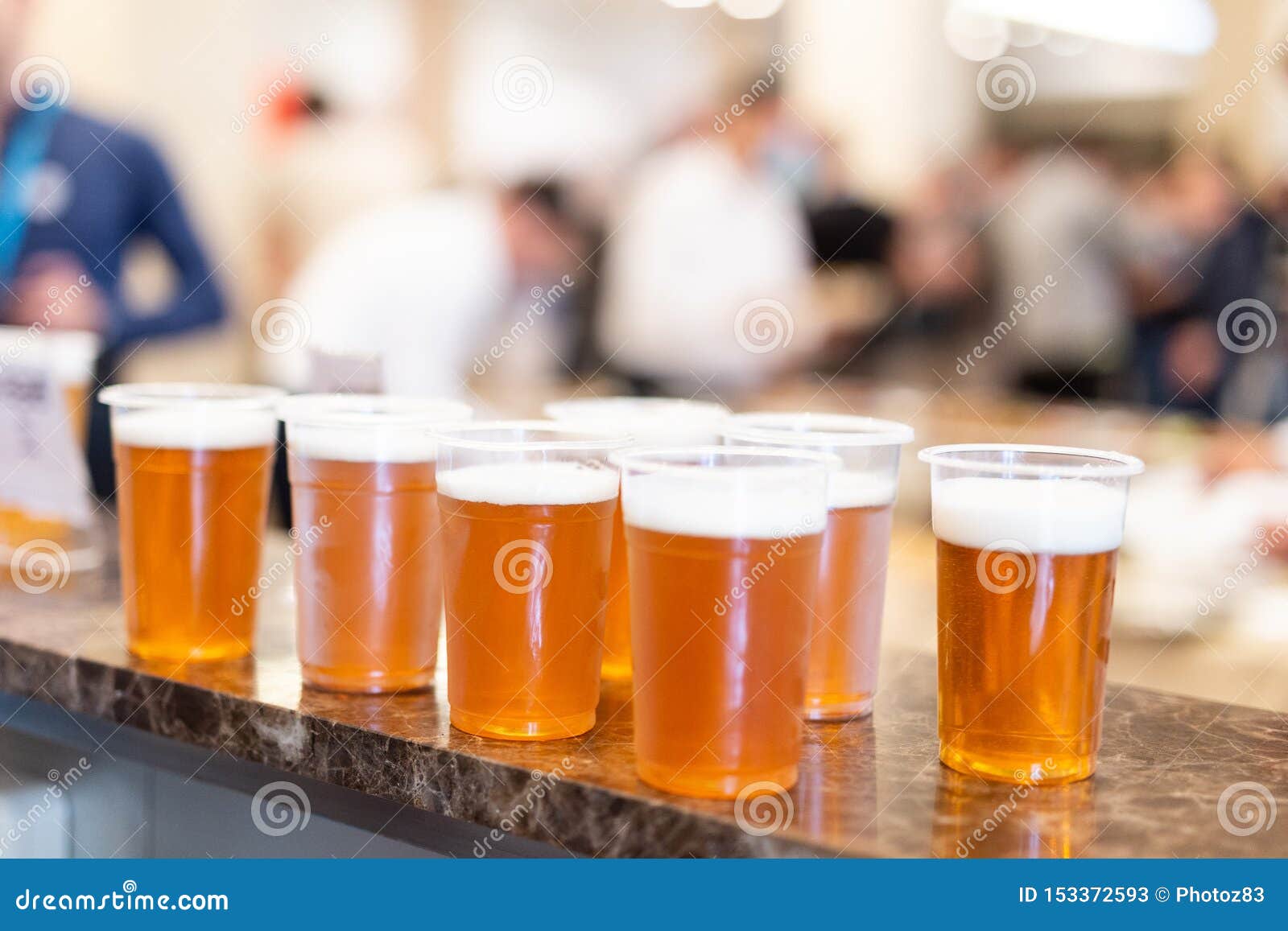 Bar Counter Full of Beer in Plastic Glasses Stock Image Image of