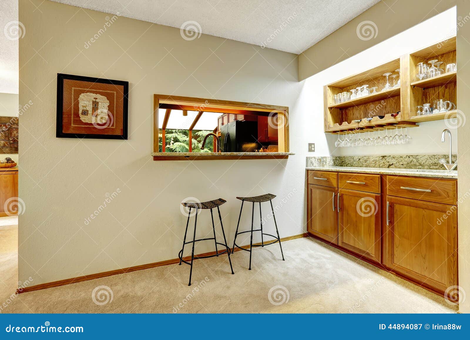 Bar Counter Top In The Wall Between Kitchen And Dining Area Stock