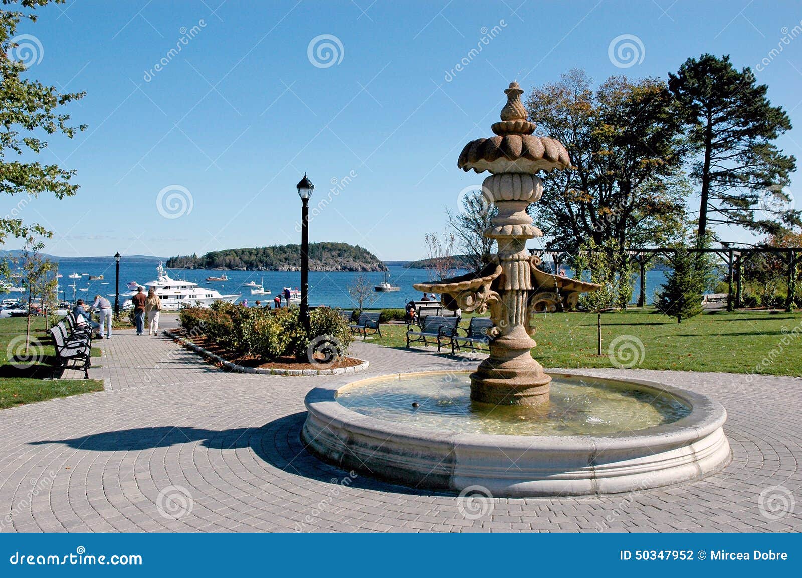 bar harbor, maine: walkway and view of the port.
