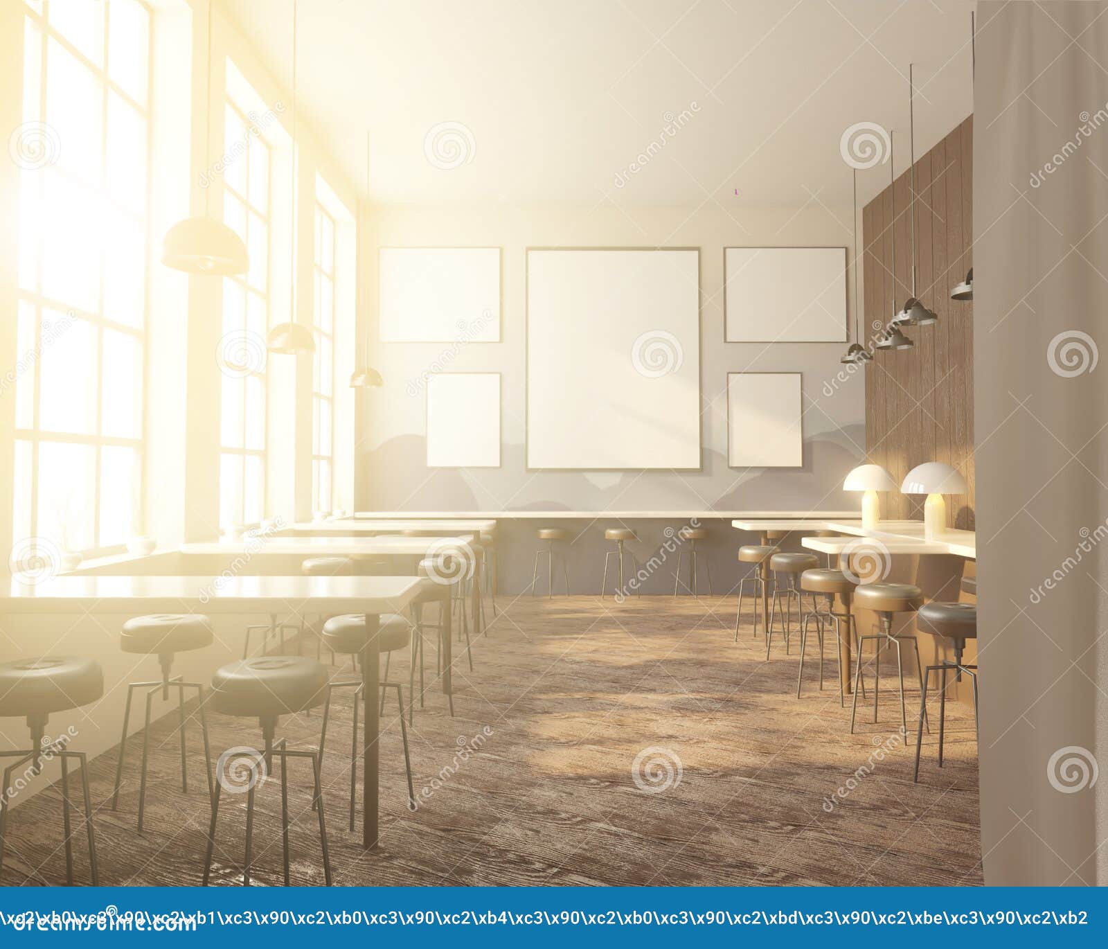 Bar Interior With A Row Of Tables Near The Windows Wooden