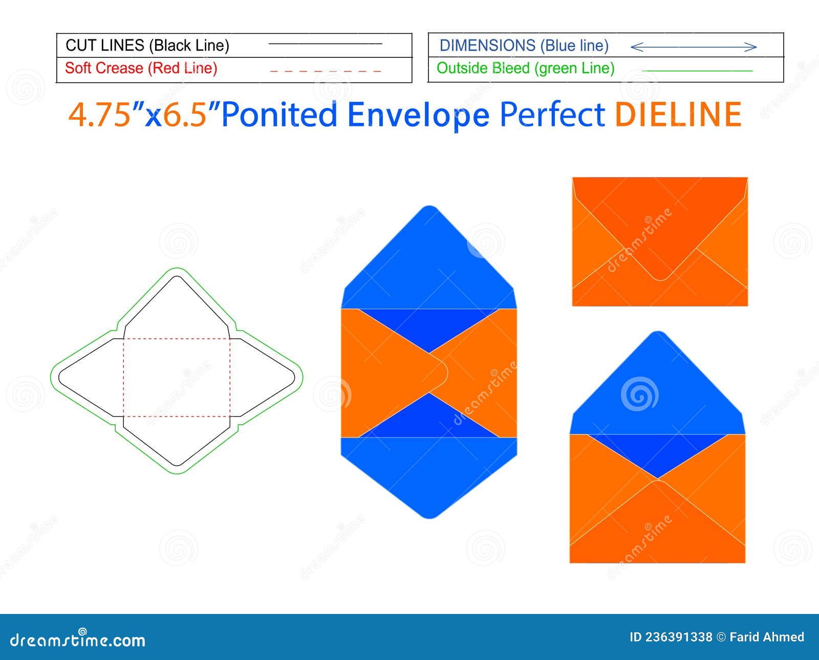 6 bar pointed flap envelope or baronial  envelope 4.75x6.5 inch dieline template and 3d envelope editable easily resizable