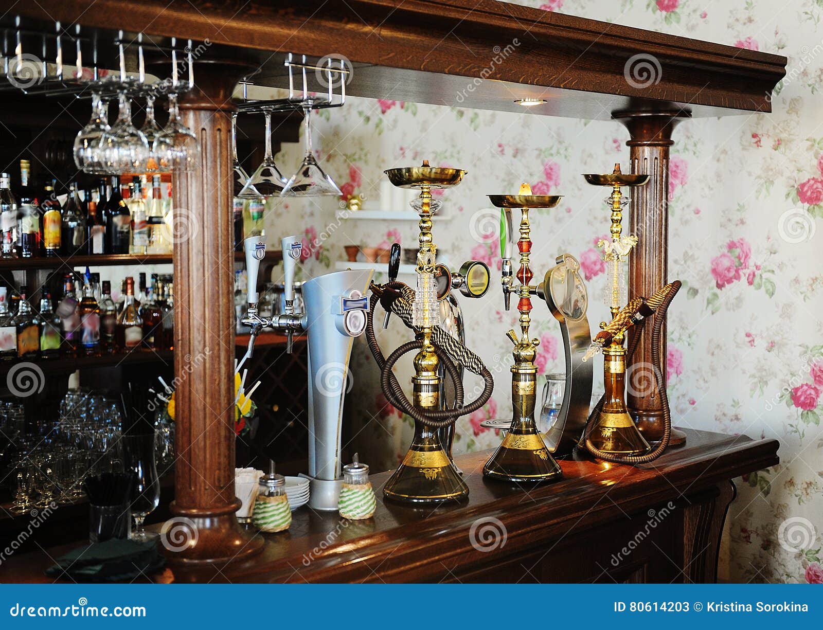 The Bar in the Restaurant. Draught Beer, Hookah, Alcohol Showcases