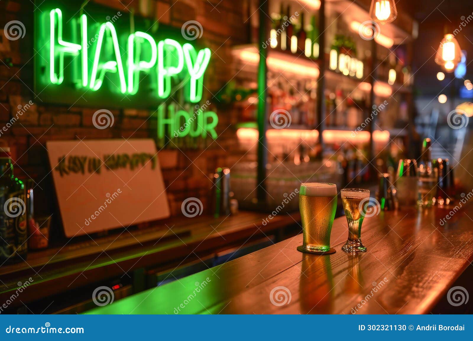 Bar Scene Green Neon Happy Hour Sign. Stock Illustration