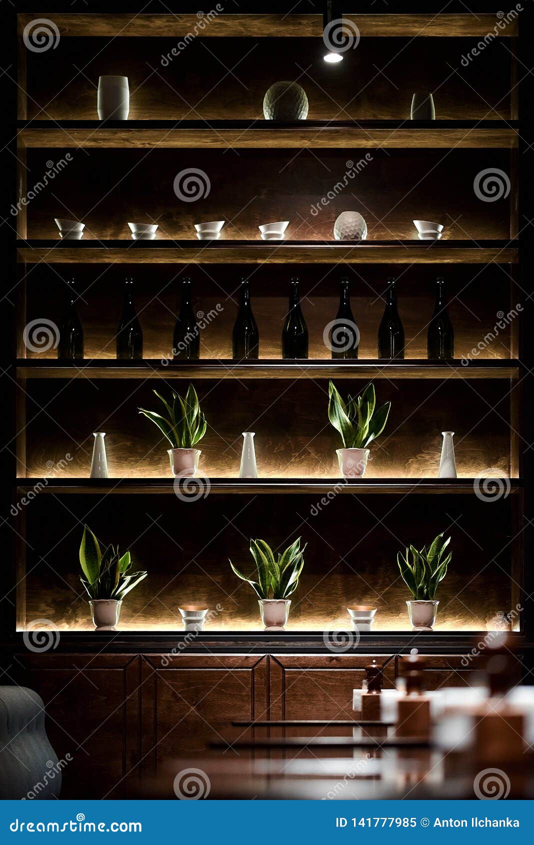 Bar Shelf with Bottles Lightning by Led Lamps Stock Image - Image of  concrete, bottle: 141777985