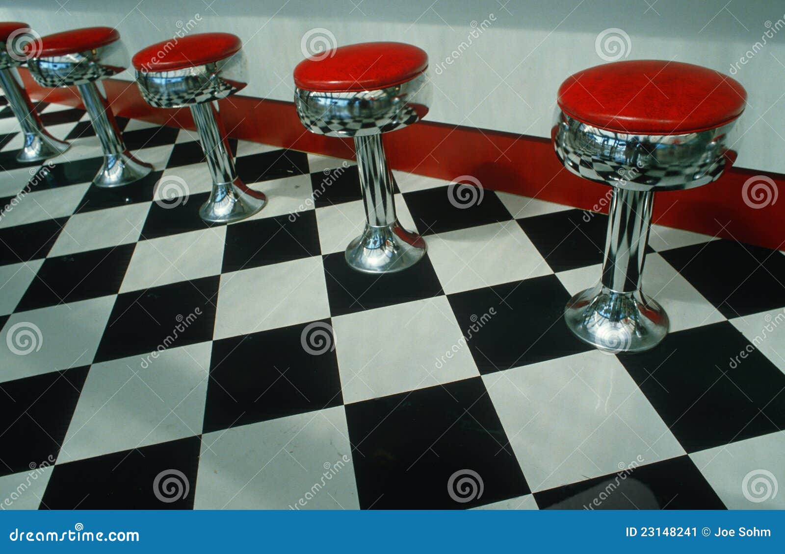 bar stools and checkered floor in diner