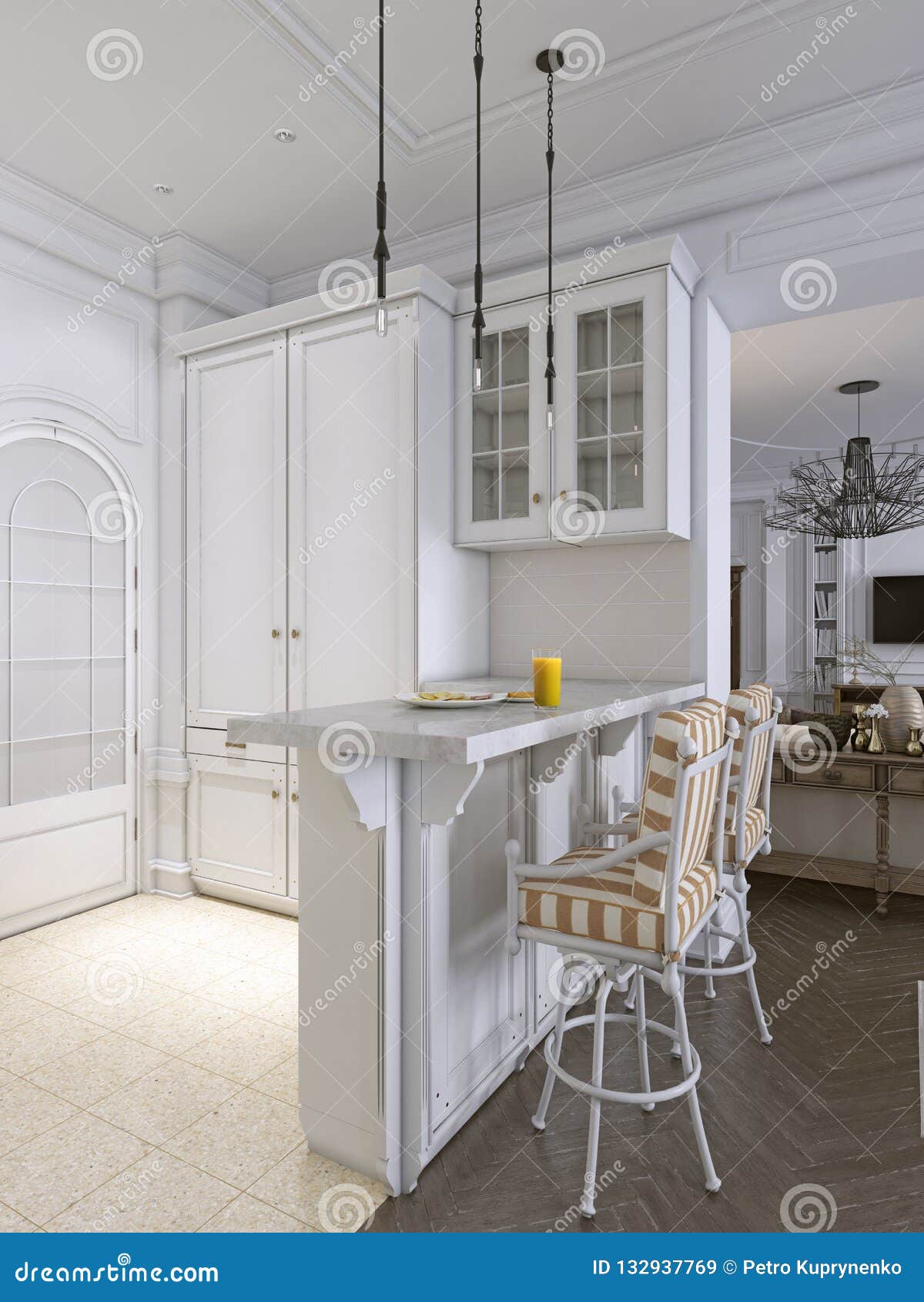 Bar Stools in Classic White Kitchen Stock Illustration Illustration