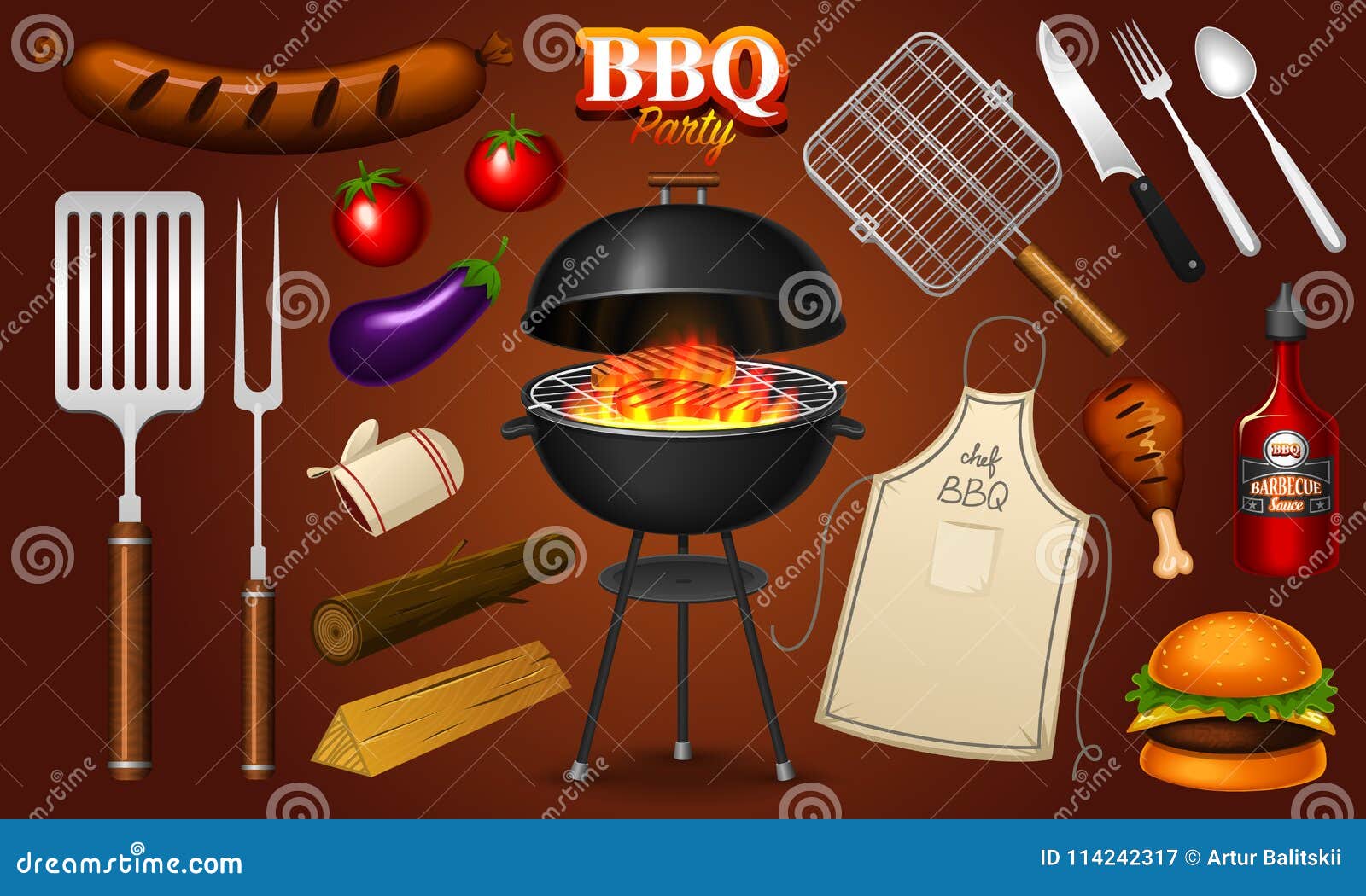 Premium Vector  Cartoon barbecue equipment, outdoor bbq picnic elements.  grilled steak and vegetables, barbecued food for summer grill party vector  set. cooking tools and appliances, charcoal and meat