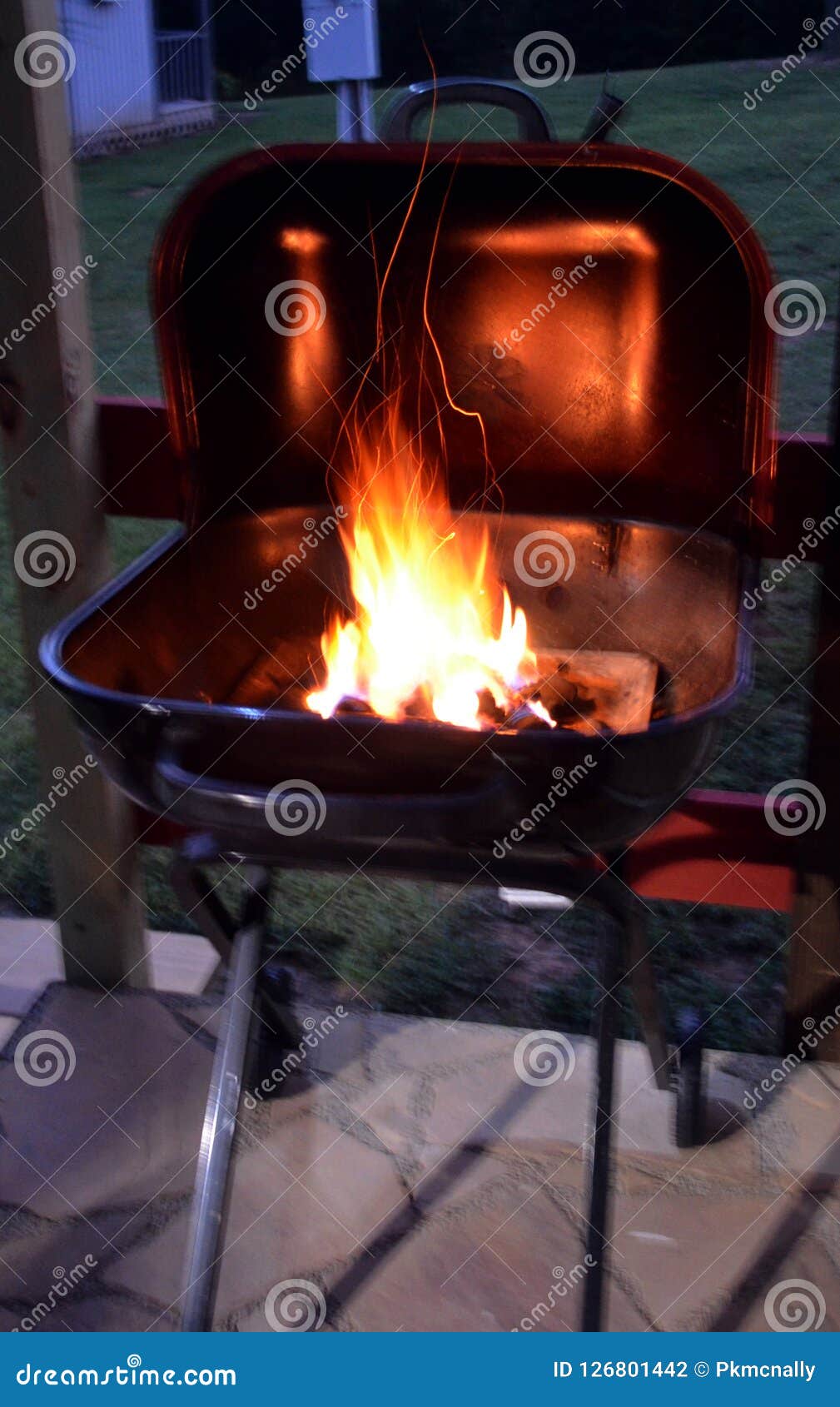 Barbecue Grill with Flaming Charcoal Briquettes Stock Photo Image of