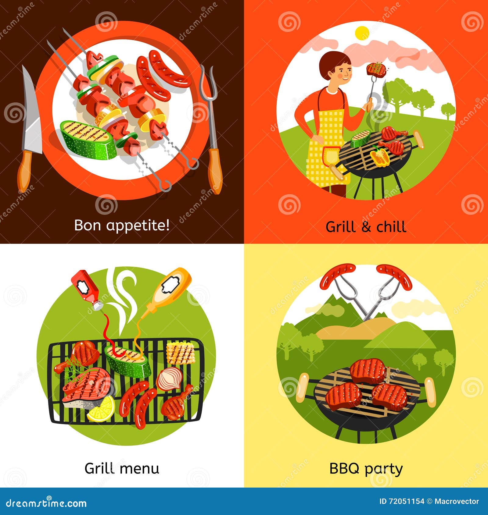 Barbecue Party 4 Flat Icons Square.