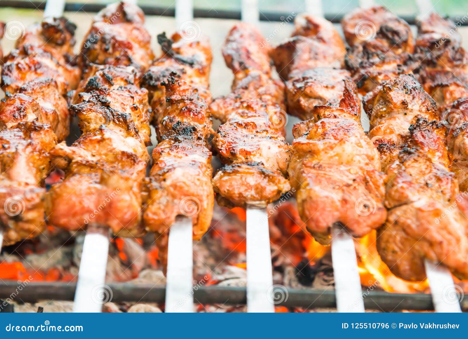 Barbecue with Rilled Kebab Meat Stock Photo - Image of flame, cook ...