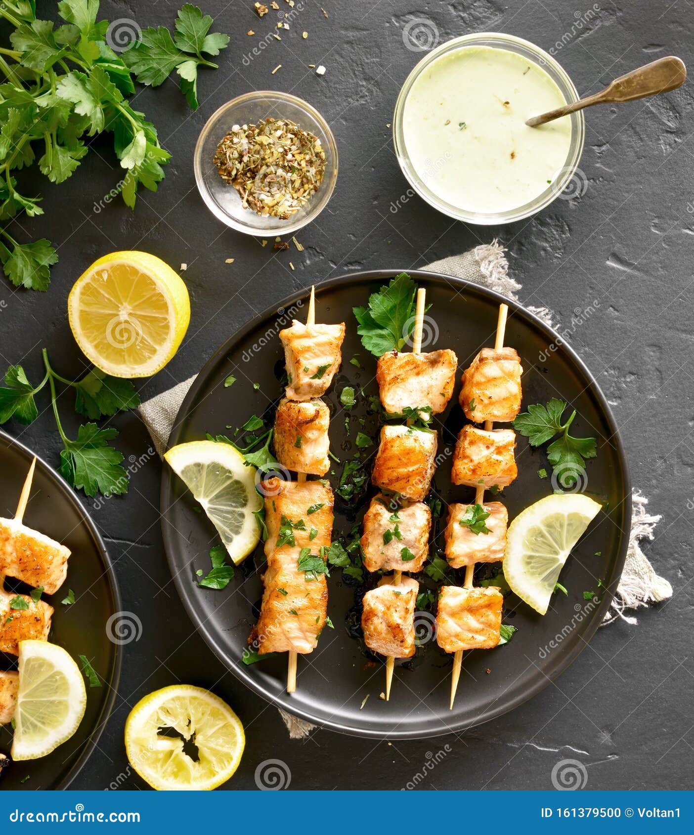 Barbecue salmon skewers stock photo. Image of plate - 161379500