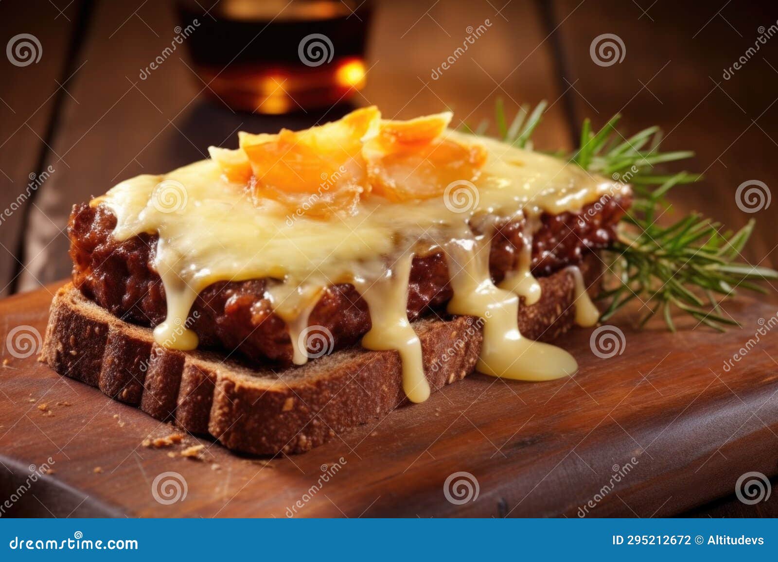 Barbecue Sandwich with Melted Swiss Cheese on Rye Bread Stock Photo