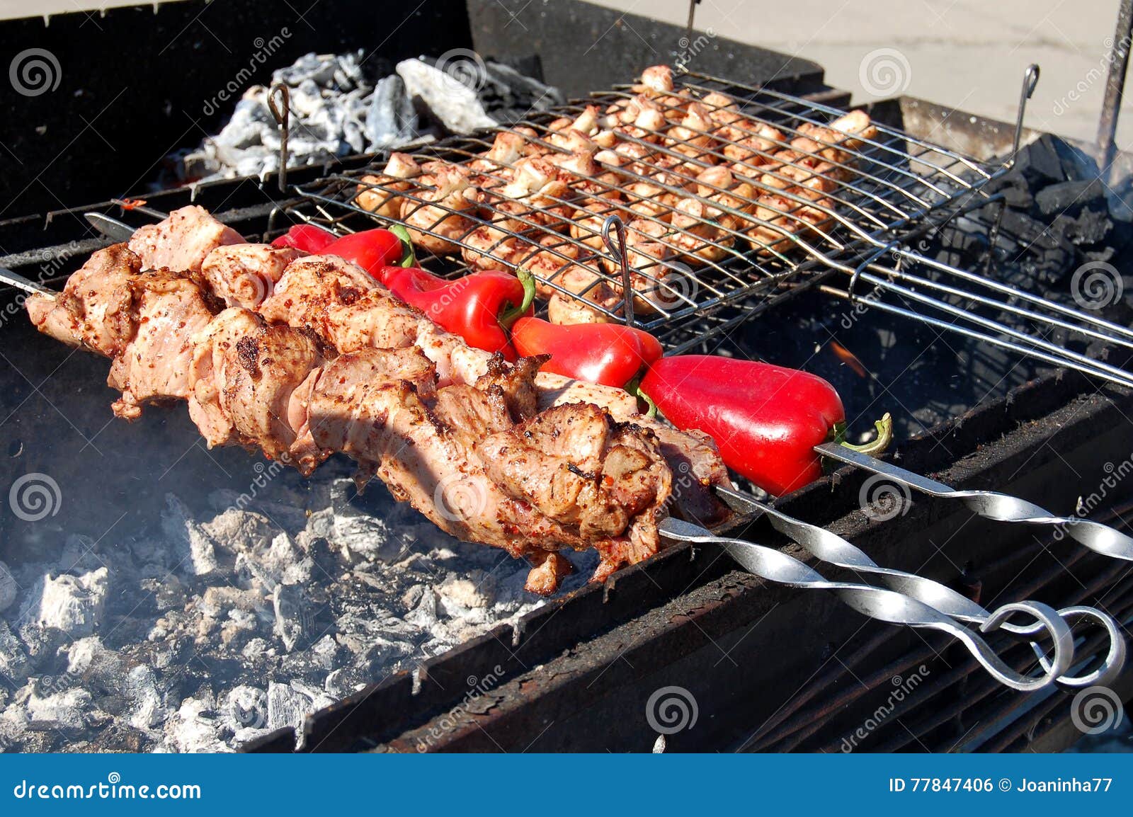 Barbecue Skewers Meat Kebabs with Vegetables on Grill. Stock Photo ...