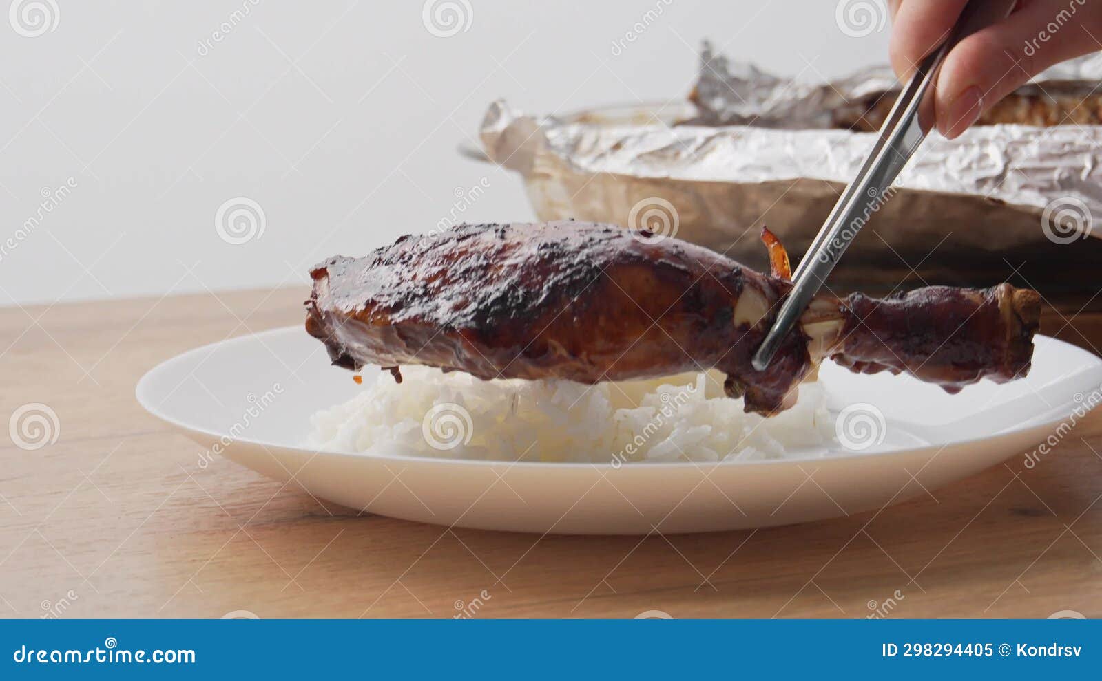 Barbecued Chicken Leg with Rice on Plate. Stock Video Video of
