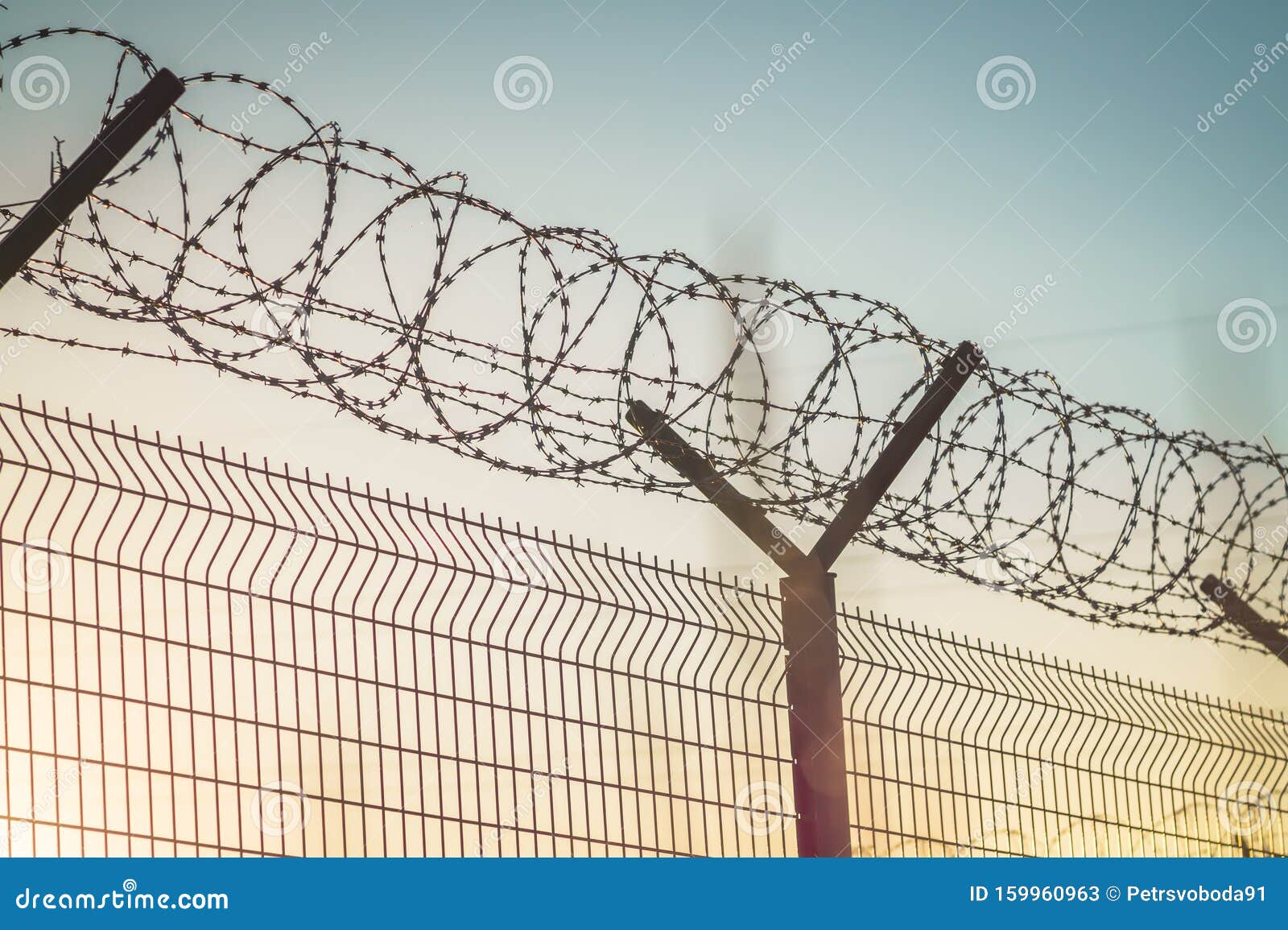barbed wire steel fence against the immigration in europe. restricted area.