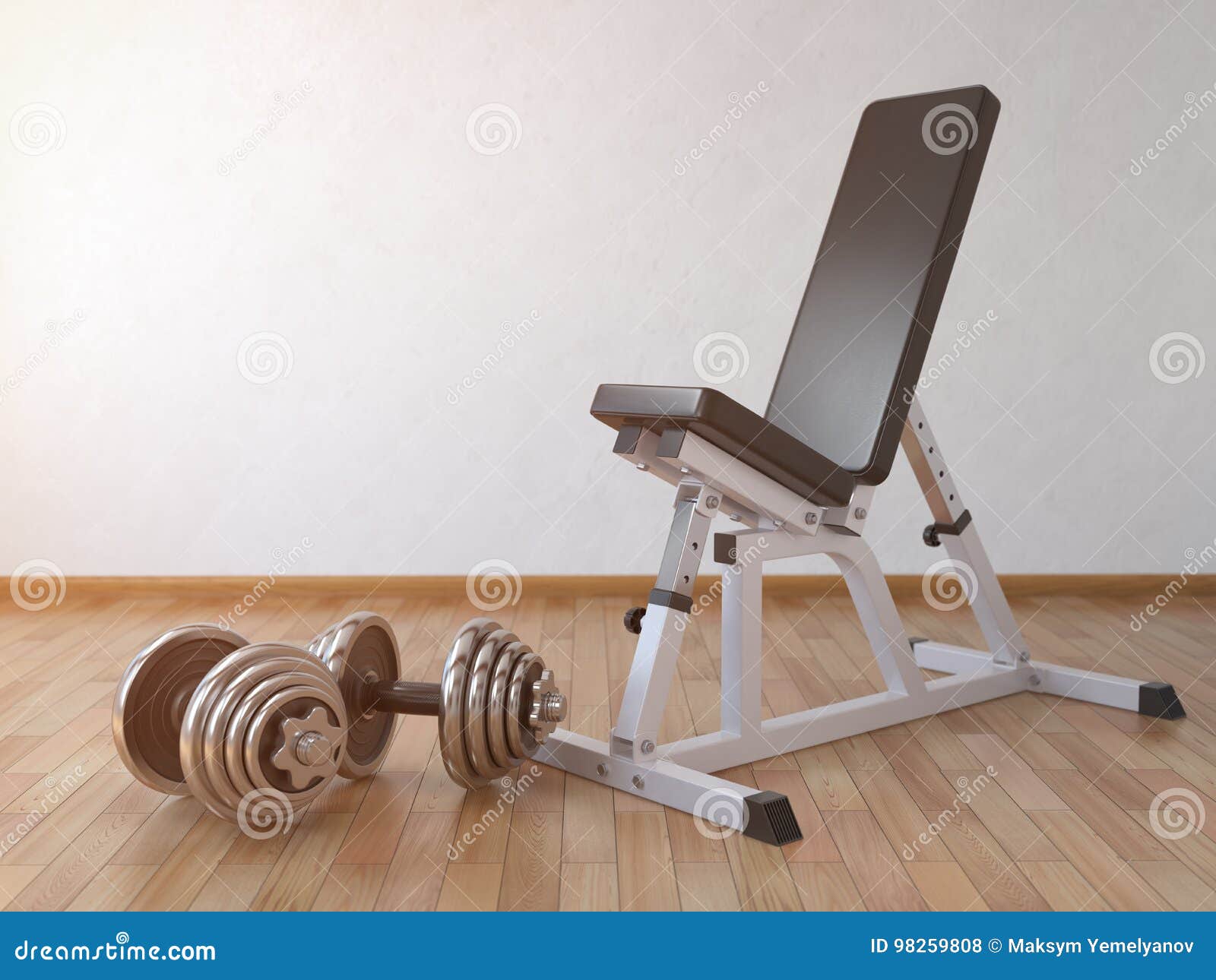 Barbell Bench with Weight Dumbbells in the Home. Stock Illustration