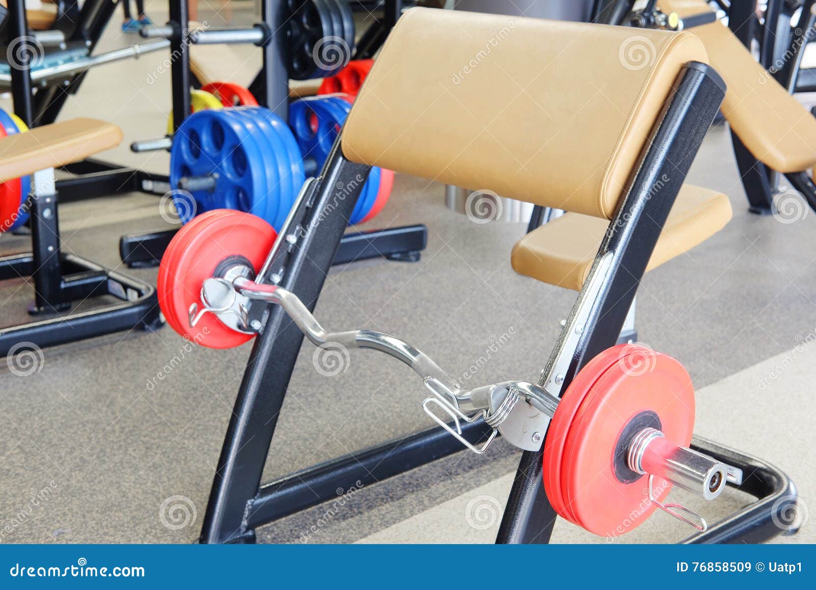 Barbell and gym bench stock image. Image of club, healthy 76858509