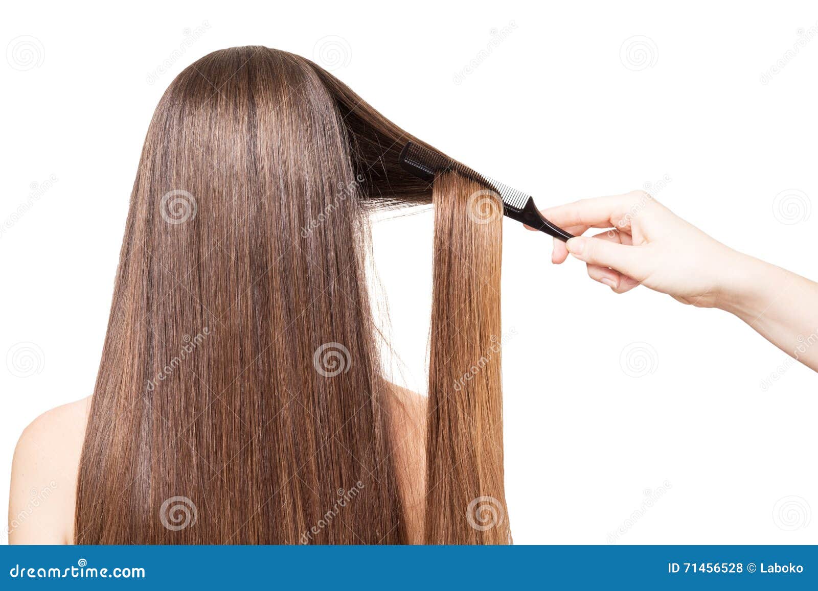 Barber Combs Hand Luxurious Long Hair Isolated on White. Stock Photo