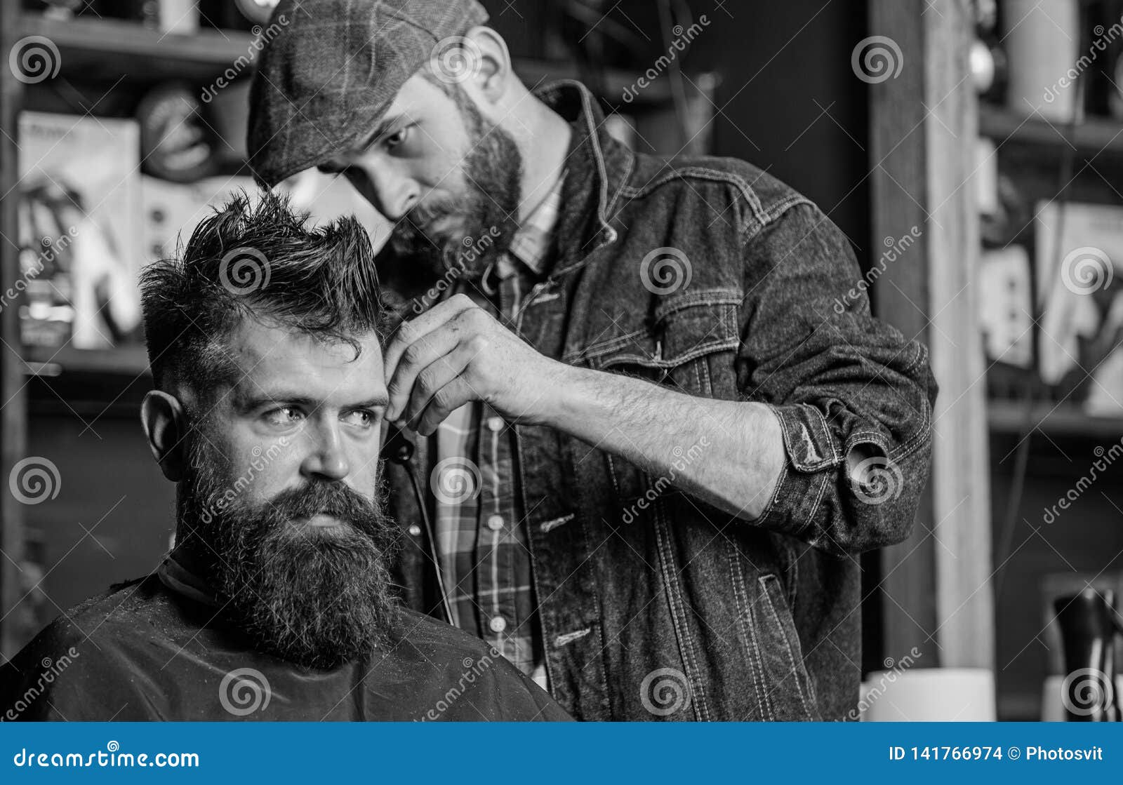Barber in Denim Jacket Busy with Trimming Hipster, Barbershop ...