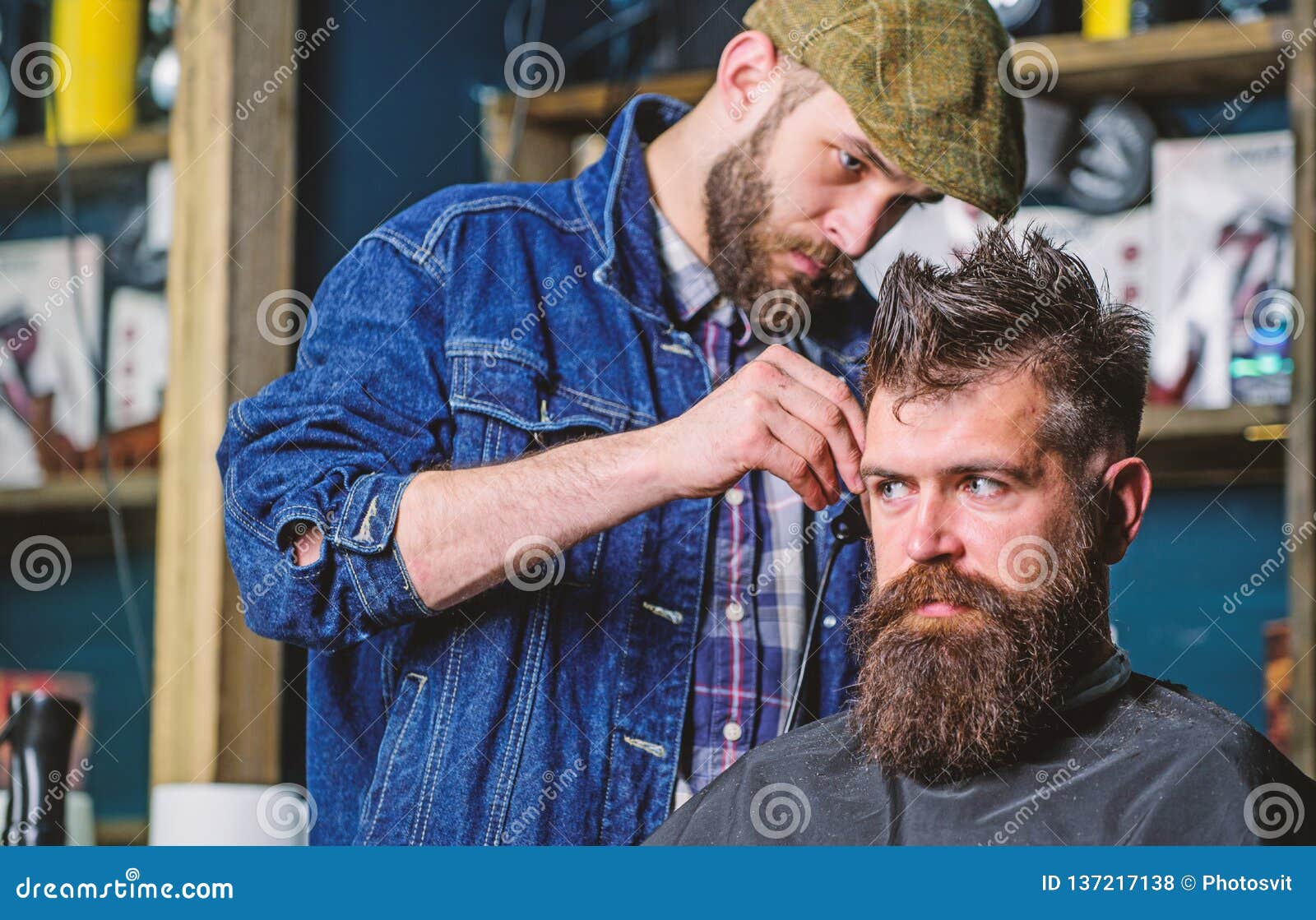 Barber In Denim Jacket Busy With Trimming Hipster, Barbershop ...