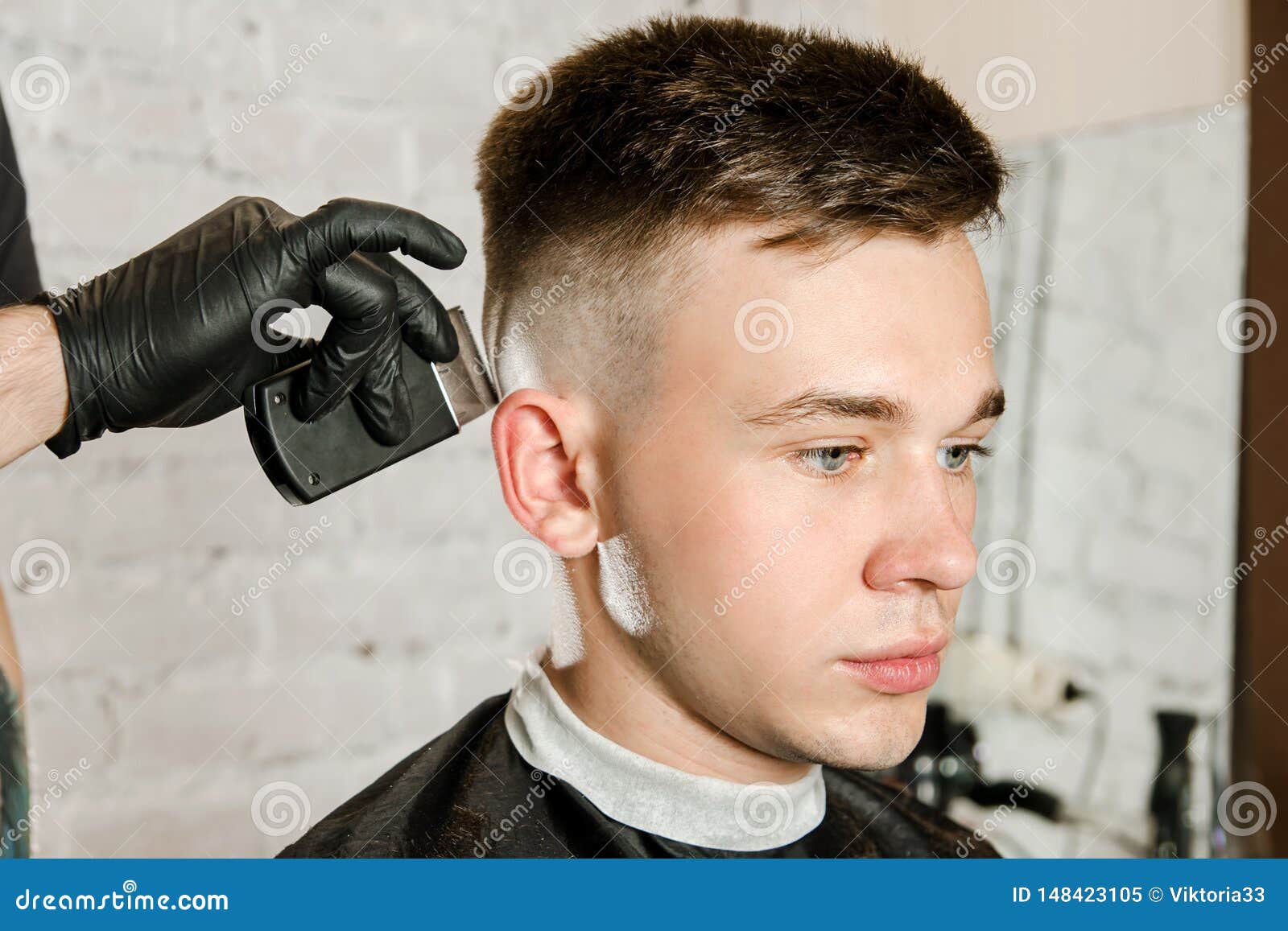 Barber Hand in Gloves Cut Hair and Shaves Young Man on a Brick Wall Background. Close Up Portrait of a Guy Stock Image - Image of modern, fade: 148423105 Barber Hand in Gloves Cut Hair and Shaves Young Man on a Brick Wall Background. Close Up Portrait of a Guy Stock Image - Image of modern, fade: 148423105