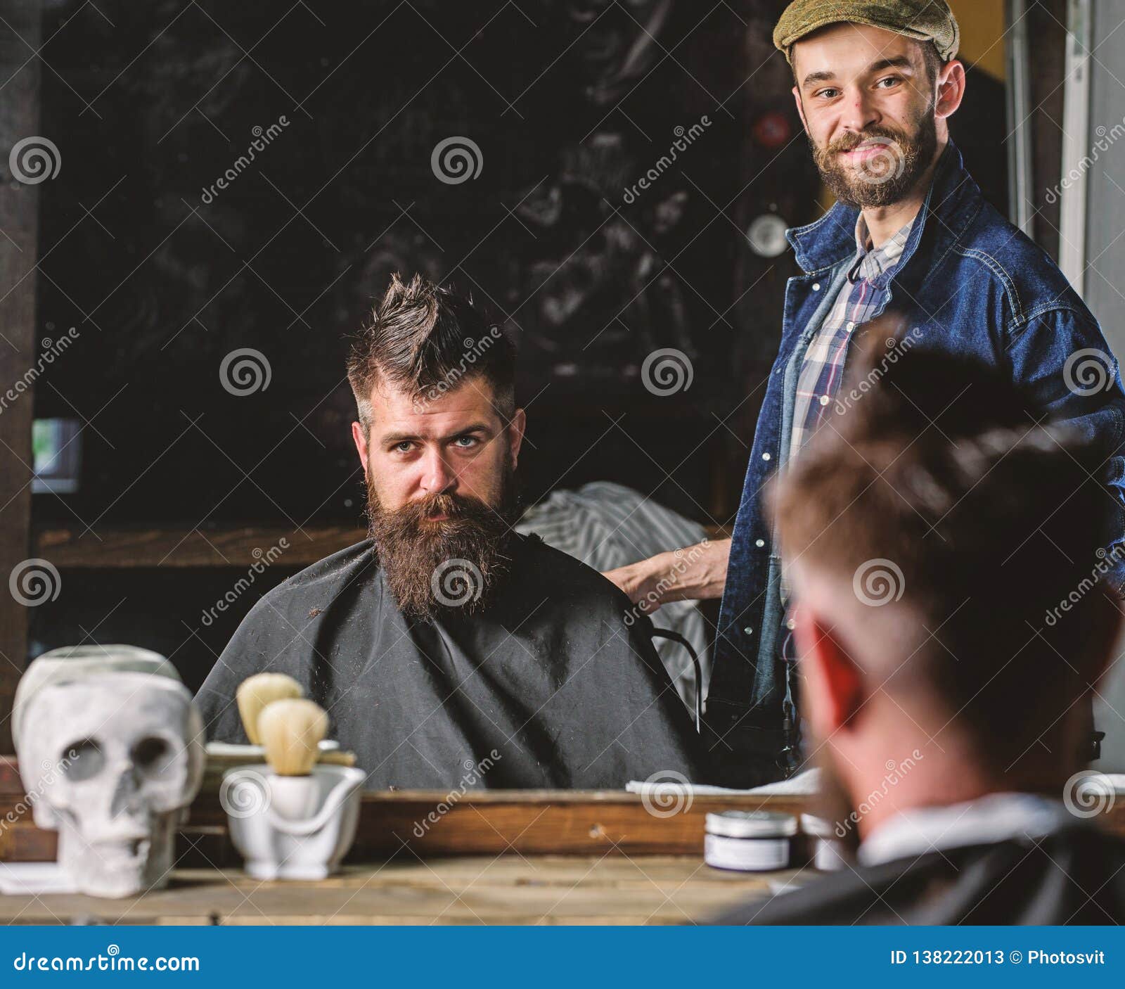 Barber and Hipster Client with Beard Checking Haircut in Mirror, Dark ...