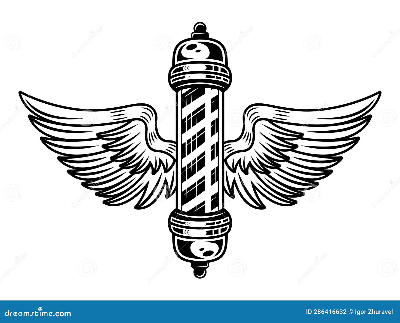 Barber Pole with Wings Tattoo Style Object in Vintage Monochrome Style