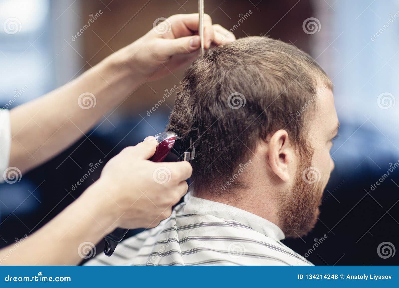 Barber Shaves the Client`s Head with a Shaving Machine Stock Photo