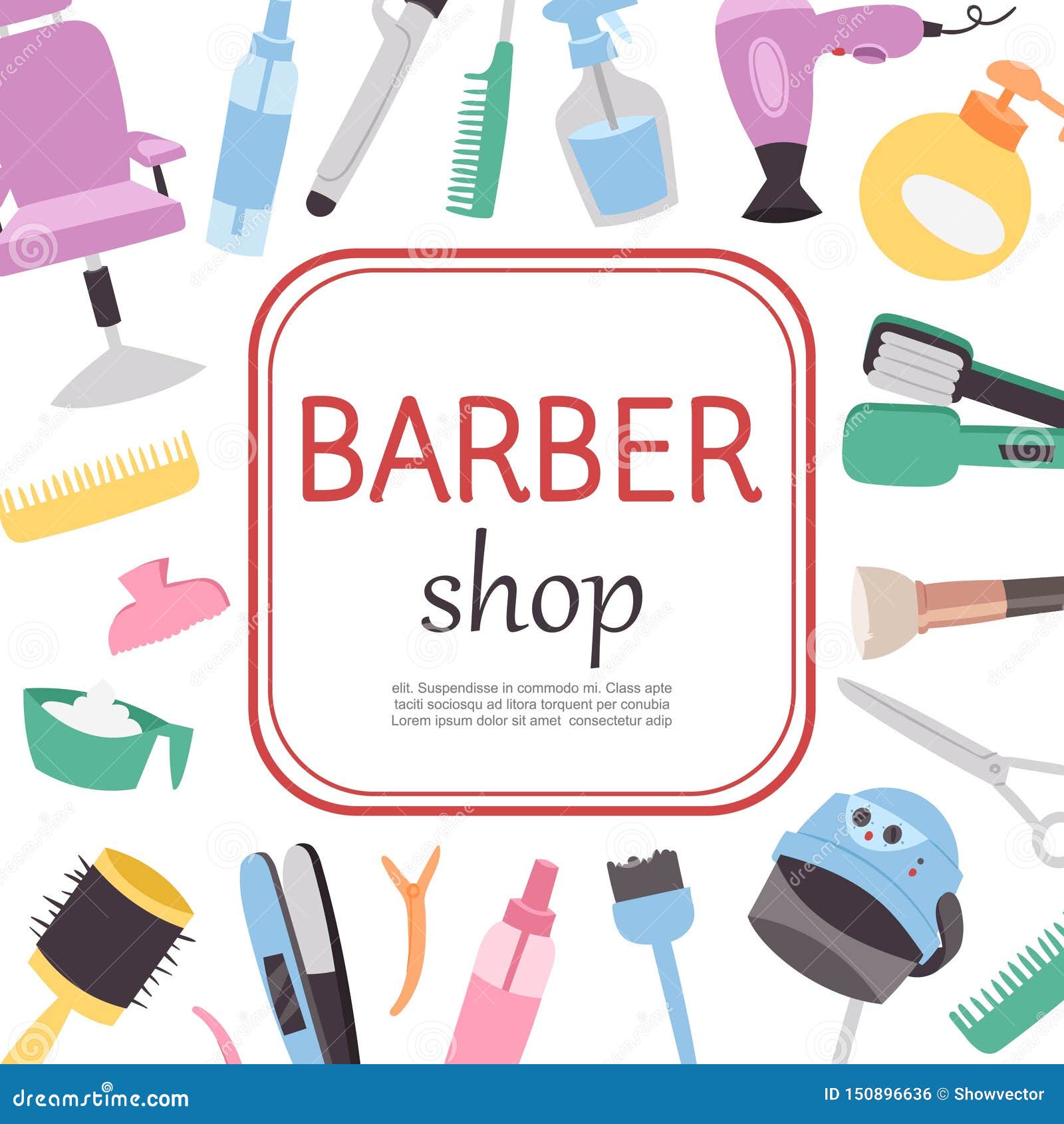 Barber Shop Cartoon Poster, Barber Work Tools Template with Your Text.  Barbershop Chair, Hair Brushes, Hairdryer Stock Vector - Illustration of  appearance, design: 150896636