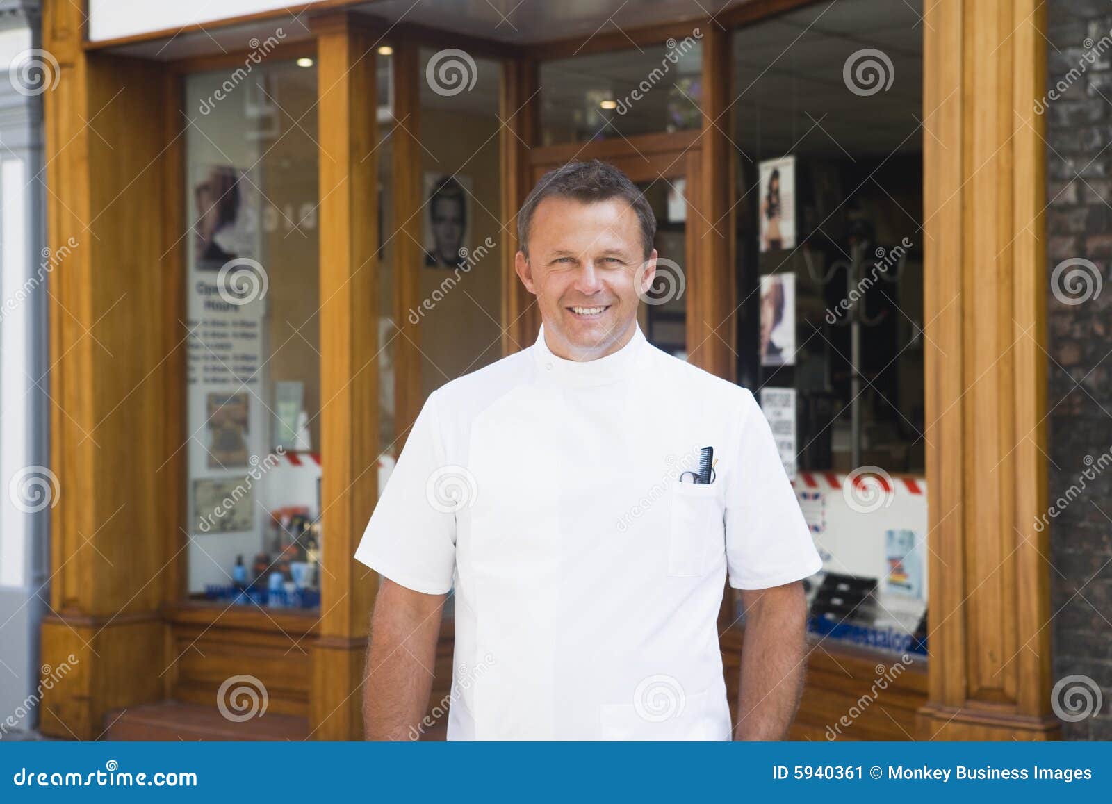 Barber Standing Outside Shop. Stock Image Image of outdoors, looking