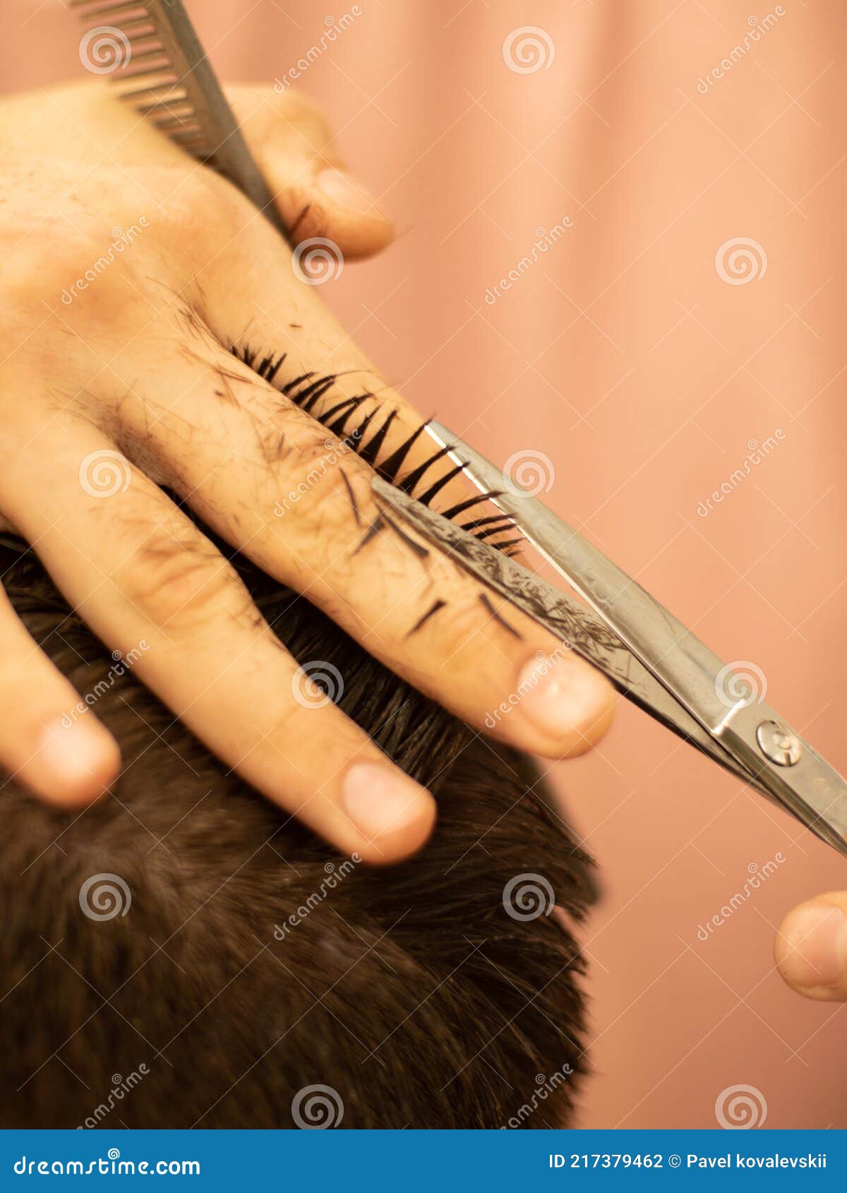 The Barber at Work. the Master Cuts His Hair with Scissors Stock Photo Image of happy, male