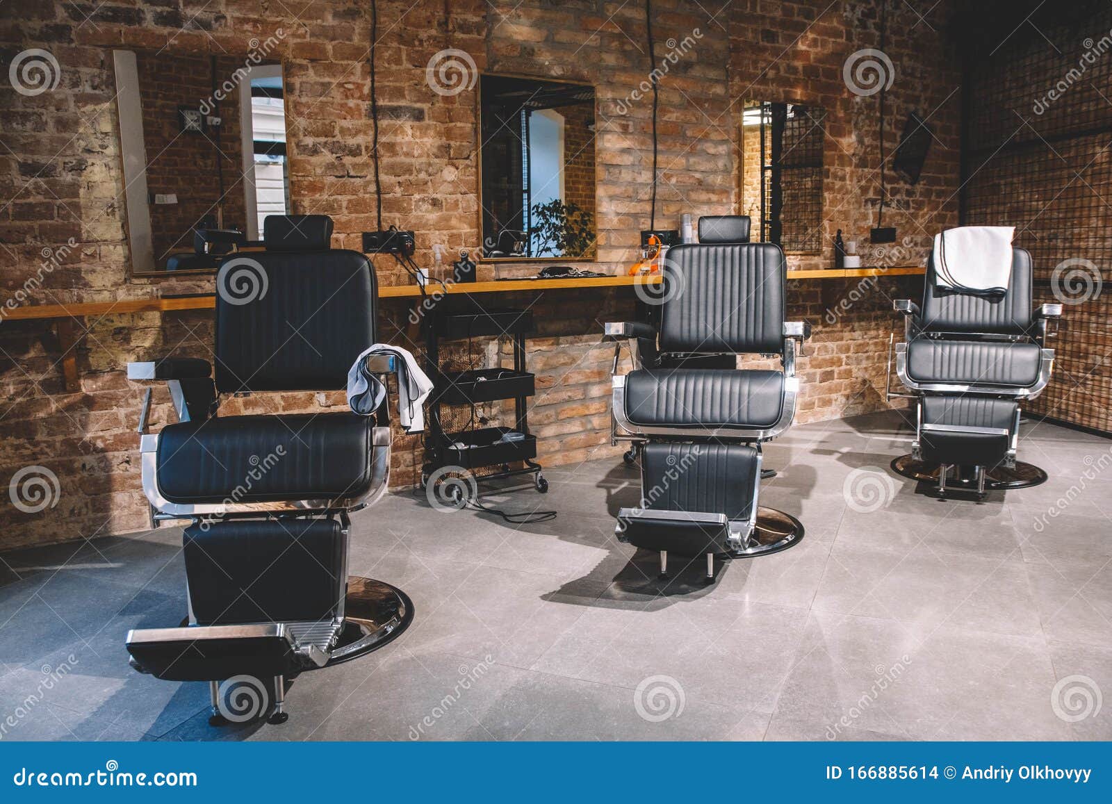 Barbershop Armchair Barber Shop For Men Empty Chairs In Retro Styled Barbershop Hair Salon Interior Place For Text Or Stock Photo Image Of Inside Accessory 166885614
