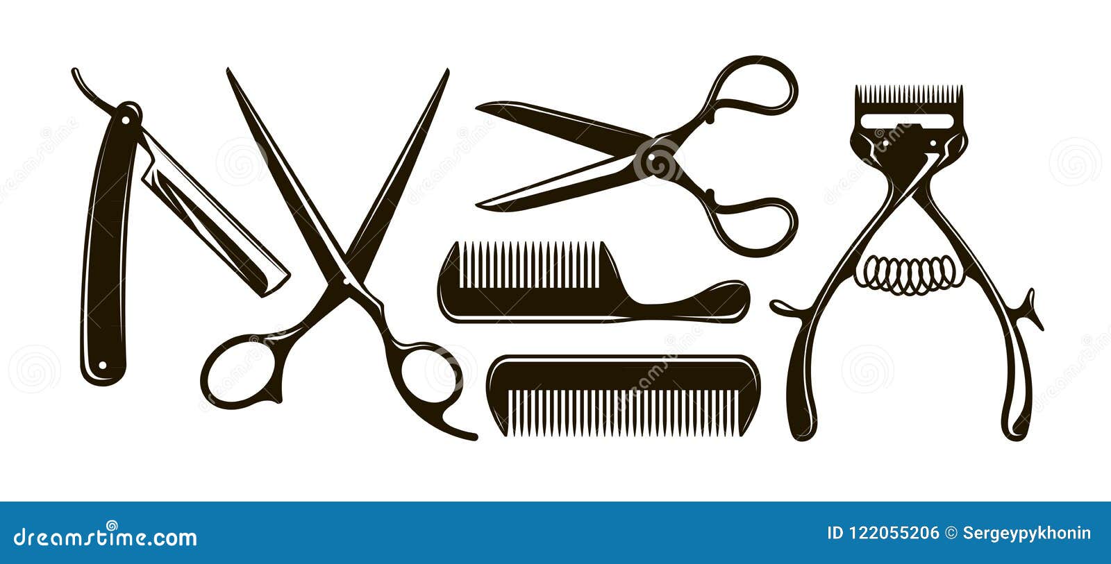 barbershop items such as scissors, comb, razor, mechanical hair clipper. retro  silhouettes