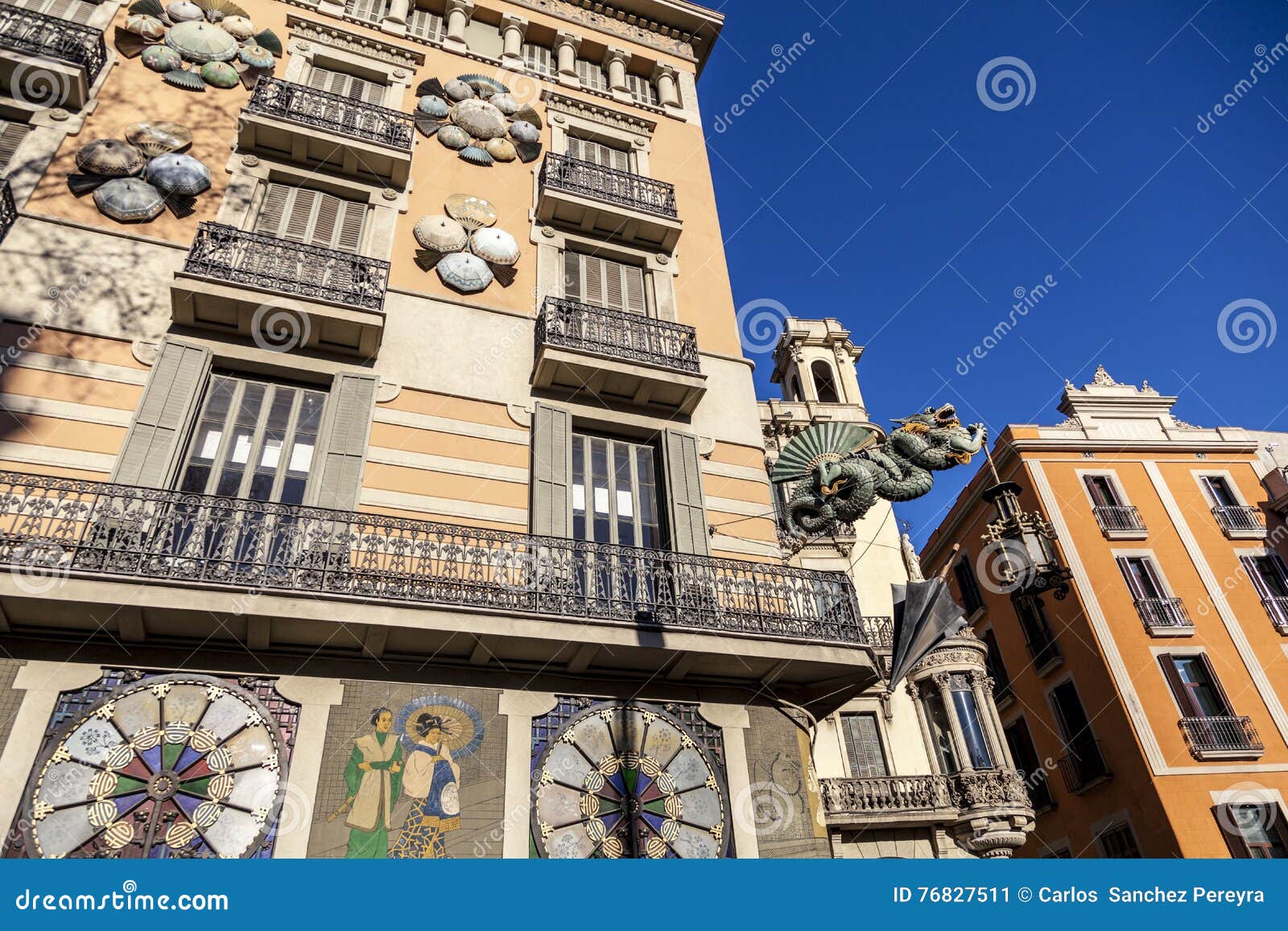 barcelona. chinese dragon on house of umbrellas (casa bruno cuadros) building on la rambla