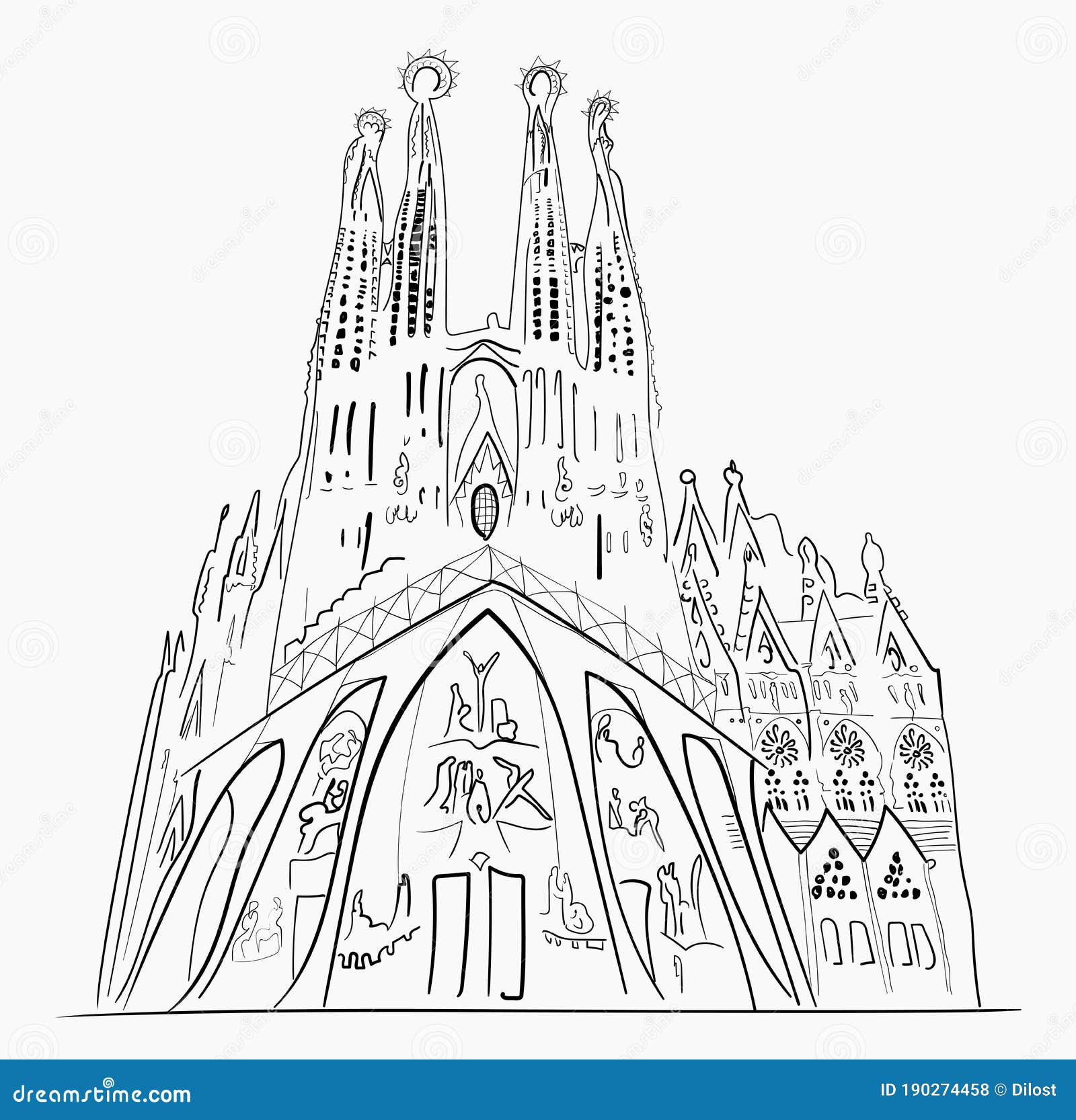 Barcelona Sagrada Familia Illustration. Outline Hand Drawn Sketch Stock ...