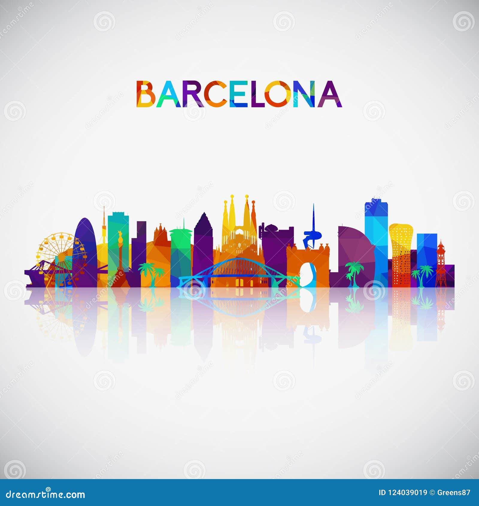 barcelona skyline silhouette in colorful geometric style.