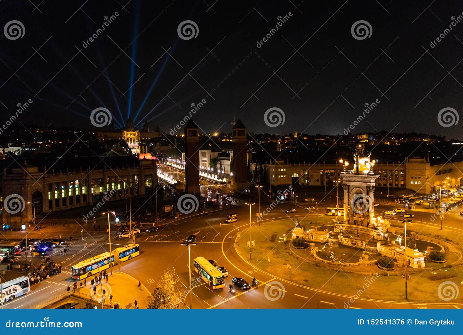 barcelona, spain - april, 2019: night view of plaza de espana with venetian towers. barcelona