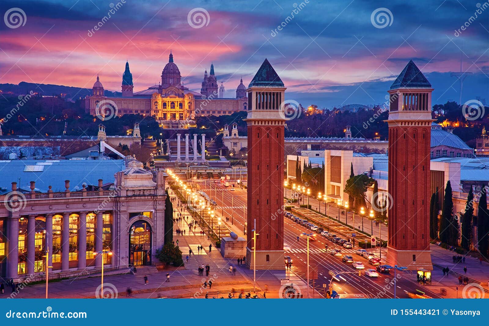 barcelona, spain. nighttime top view at spanish square