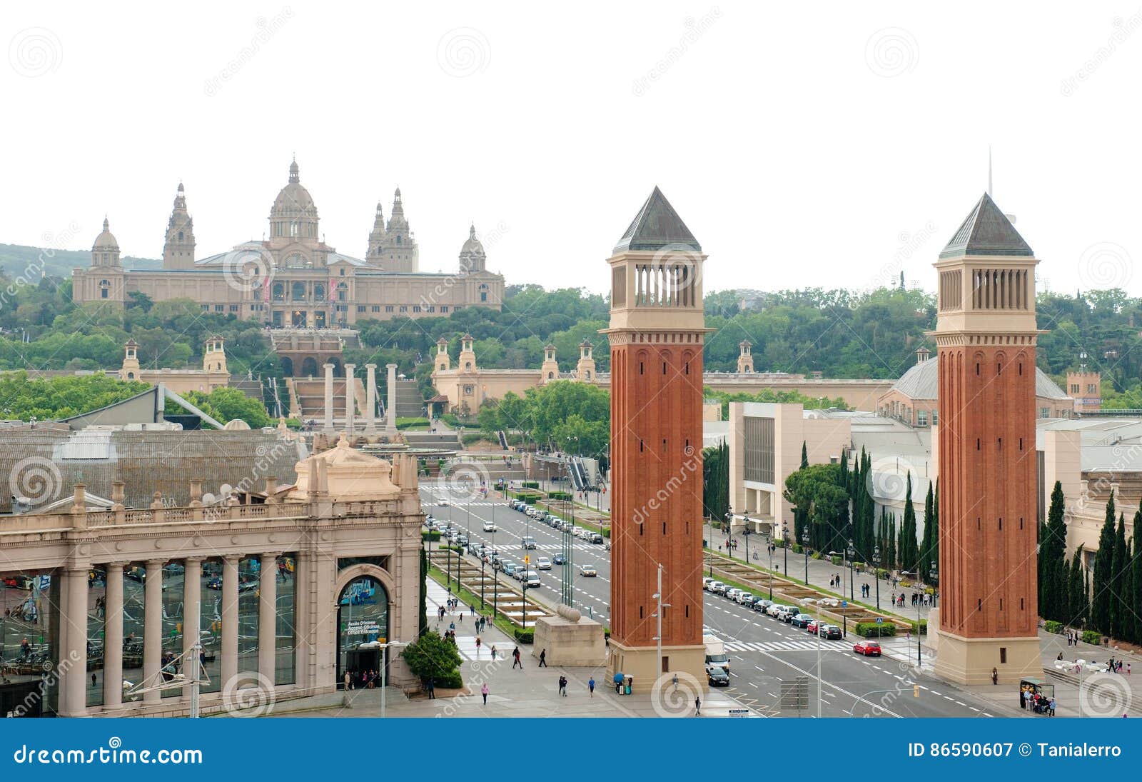 barcelona, spain - plaza de espana panoramic view, on background national art museum