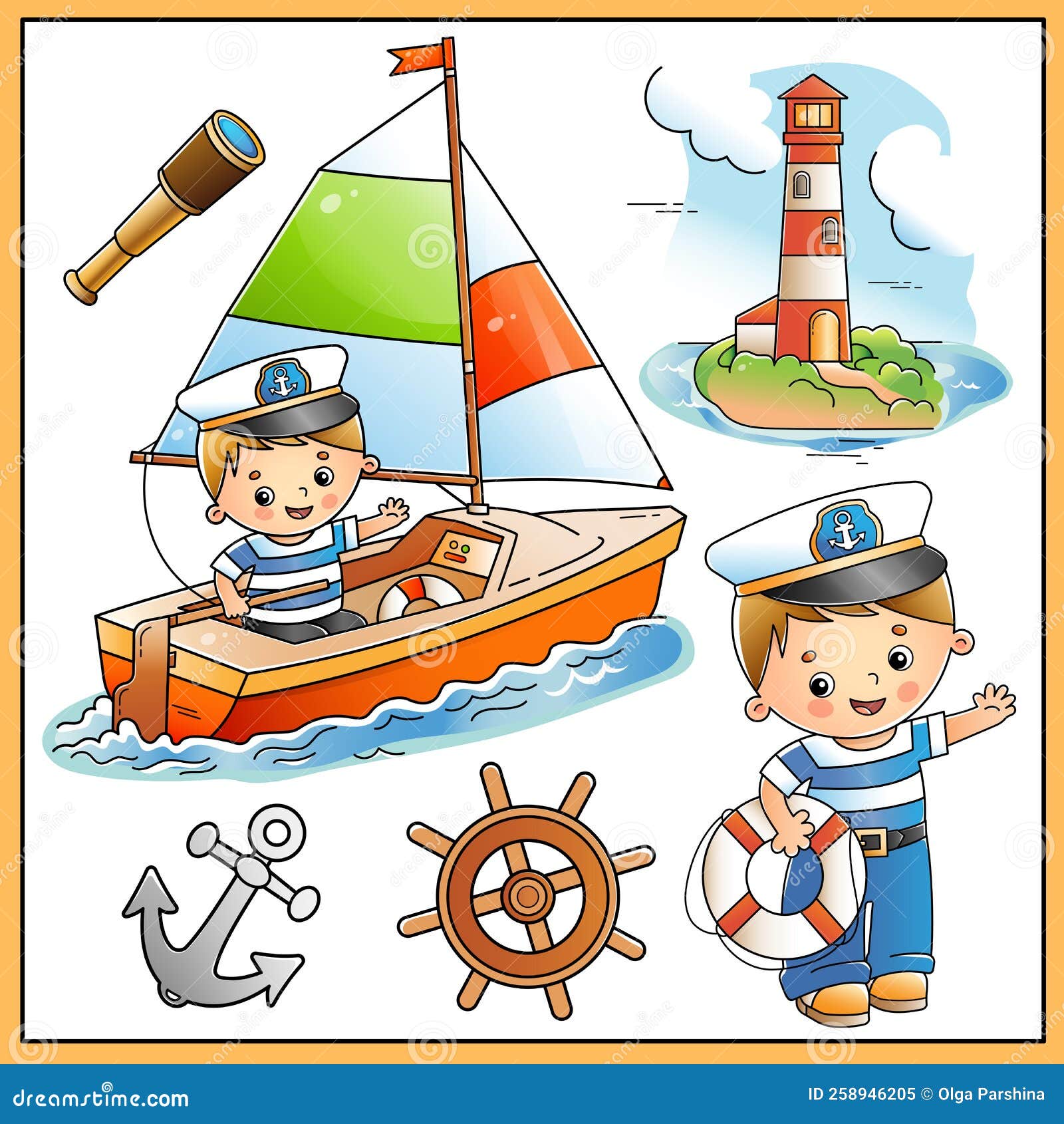 Barco De Vela De Dibujos Animados Con Marinero. Marinero Con Ancla Y Casco  De Cristal Espía De Lifebuoy. Faro. Imágenes Del Transp Ilustración del  Vector - Ilustración de marinero, cabritos: 258946205