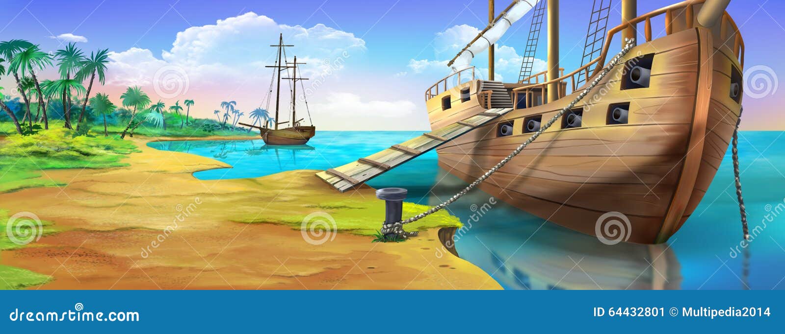 Barco Pirata En La Orilla De La Isla Del Pirata Opinión Del Panorama Stock  de ilustración - Ilustración de ensenada, cubierta: 64432801