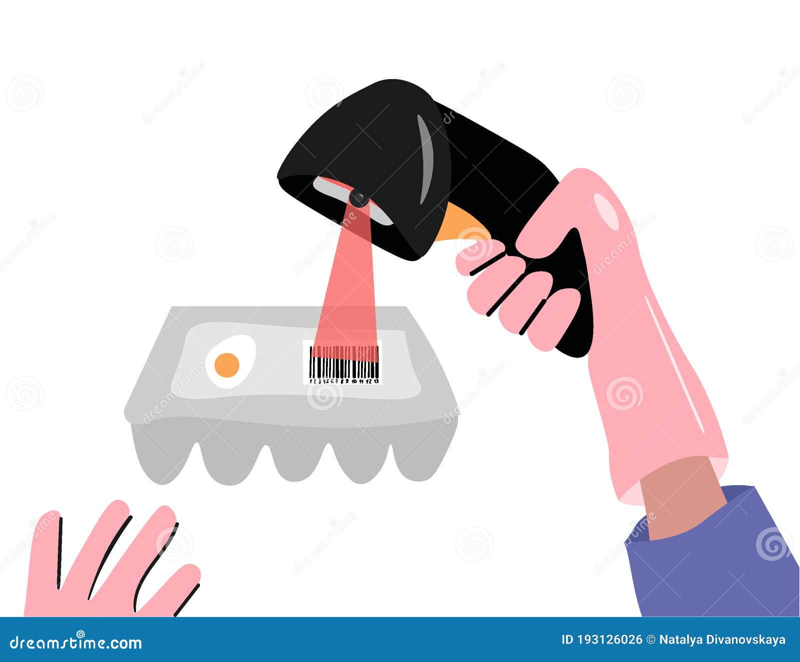 barcode scanner in a supermarket. safety requirements for stores during a pandemic. a gloved seller scans a barcode of eggs.