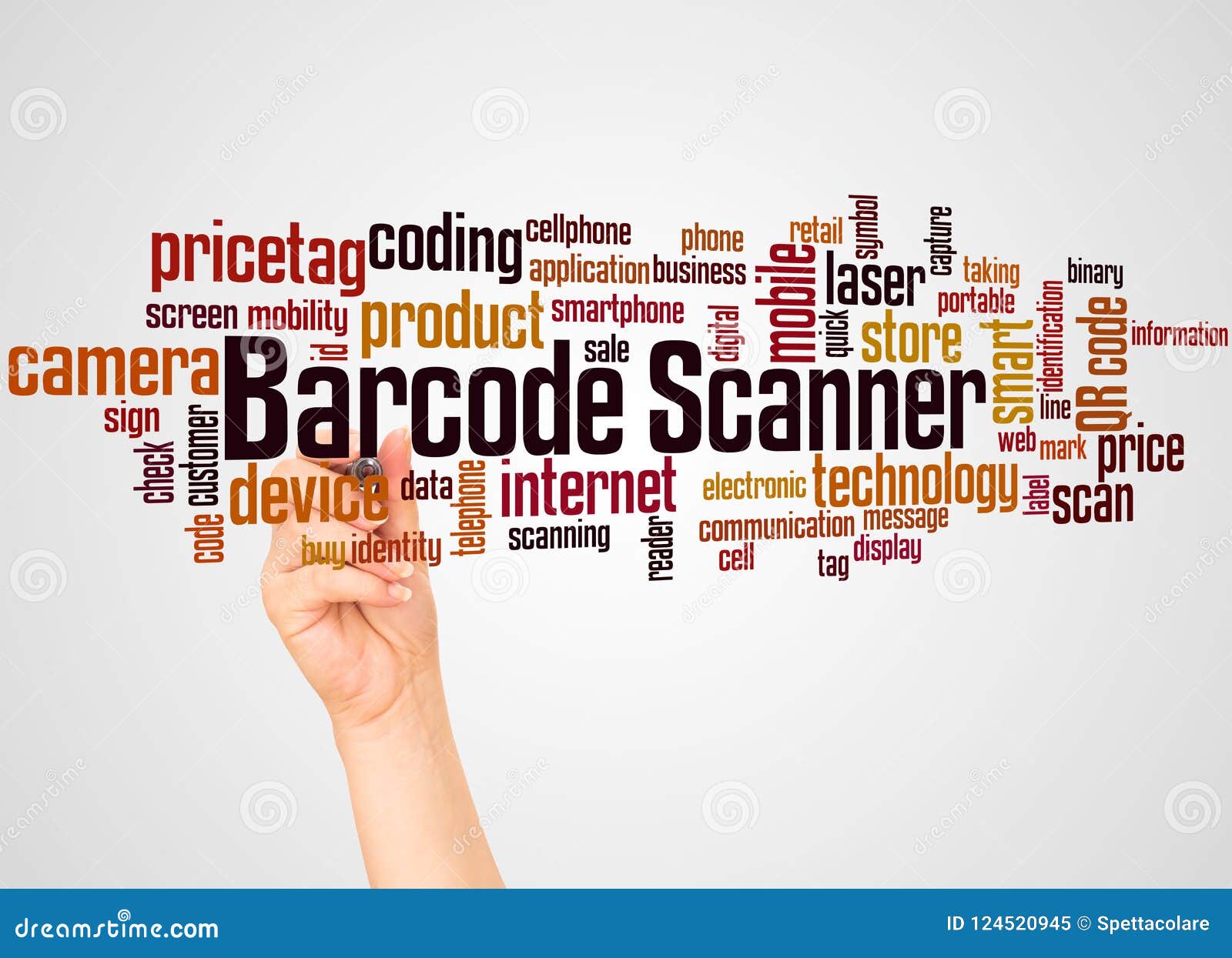 Barcode Scanner Word Cloud and Hand with Marker Concept Stock Image