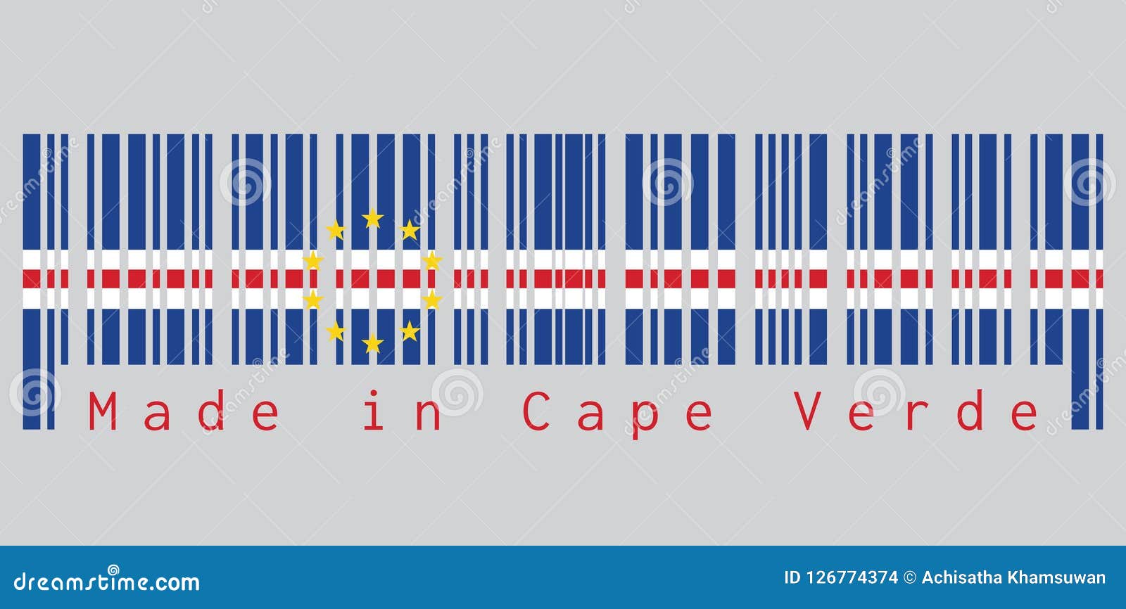 barcode set the color of cape verde flag, blue white and red with the circle of ten star on grey background.