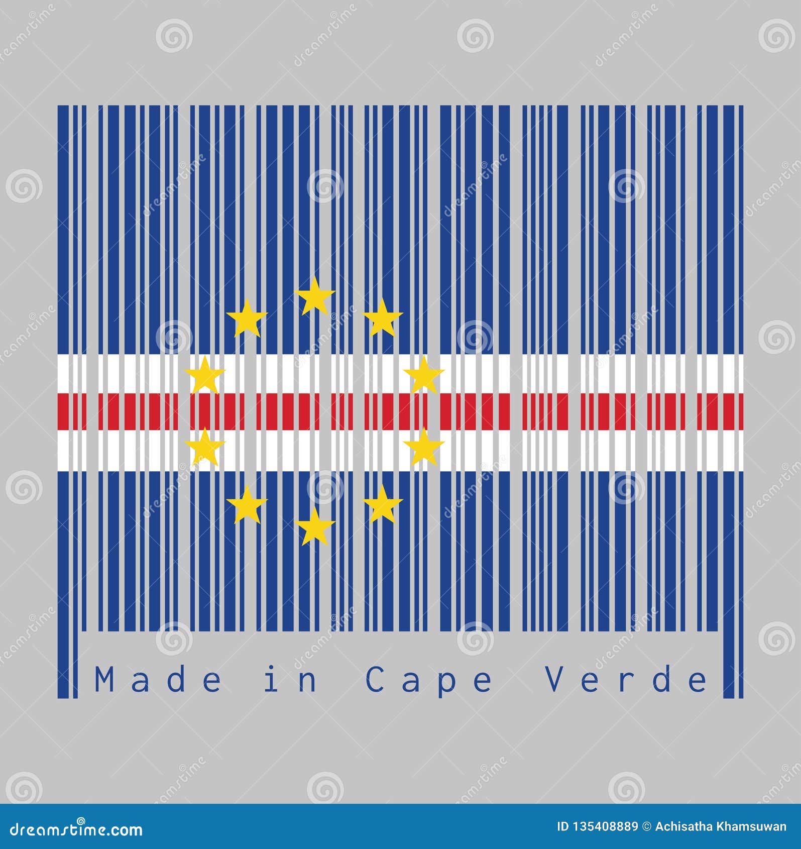 barcode set the color of cape verde flag, blue white and red with the circle of ten star on grey background.