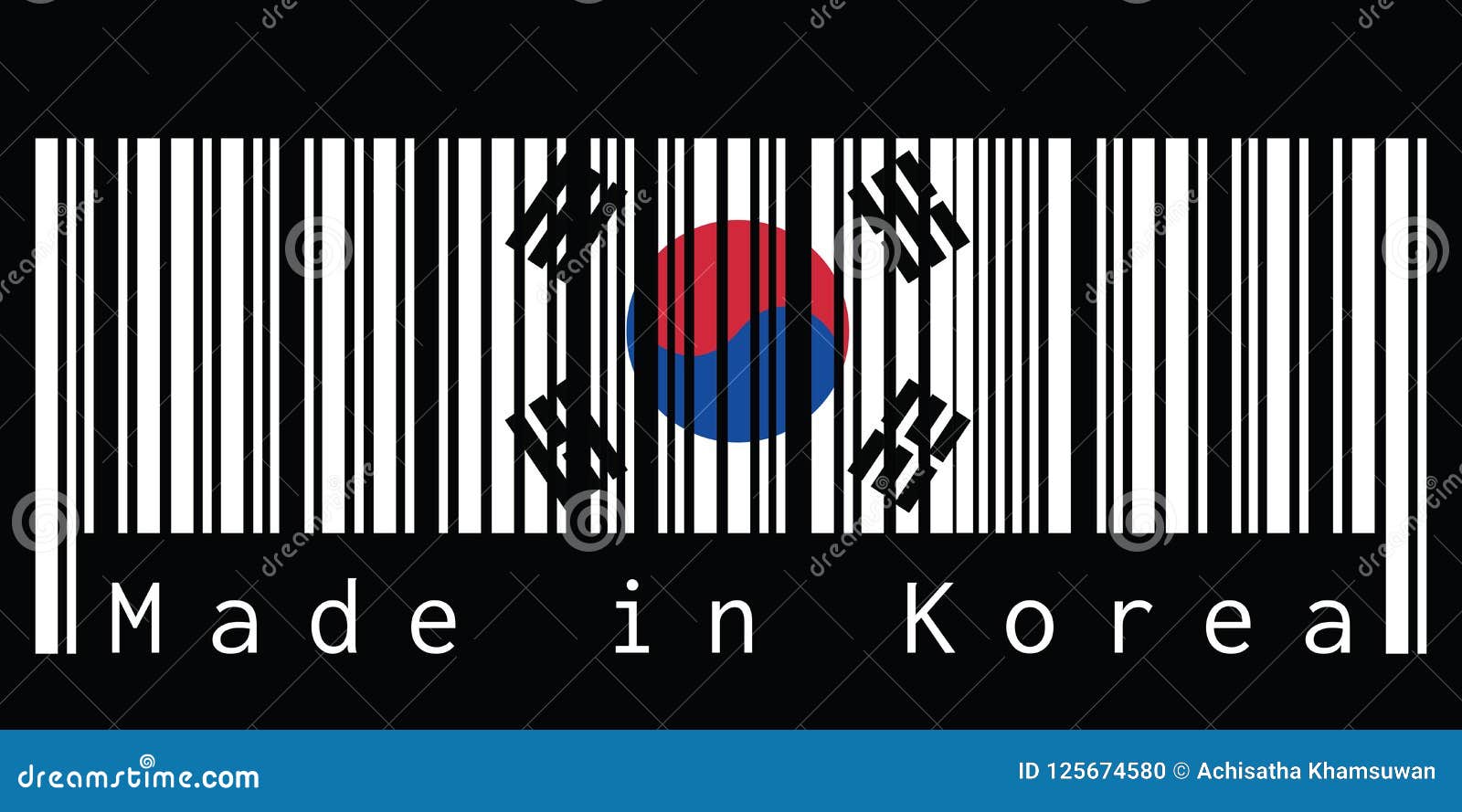 barcode set the color of south korea flag, the white color with taegeuk and black trigrams on black background.